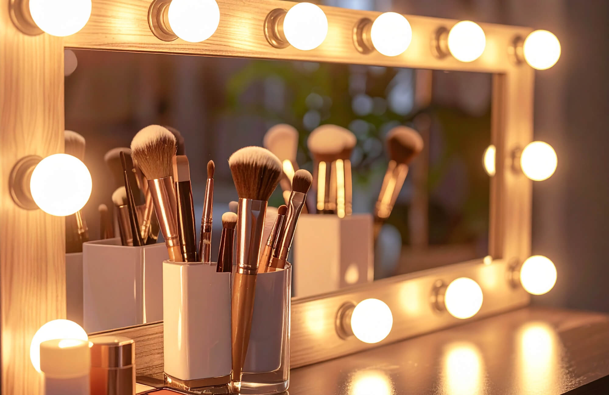 A Hollywood-style vanity mirror with warm globe bulbs reflecting makeup brushes arranged neatly on a wooden tabletop.