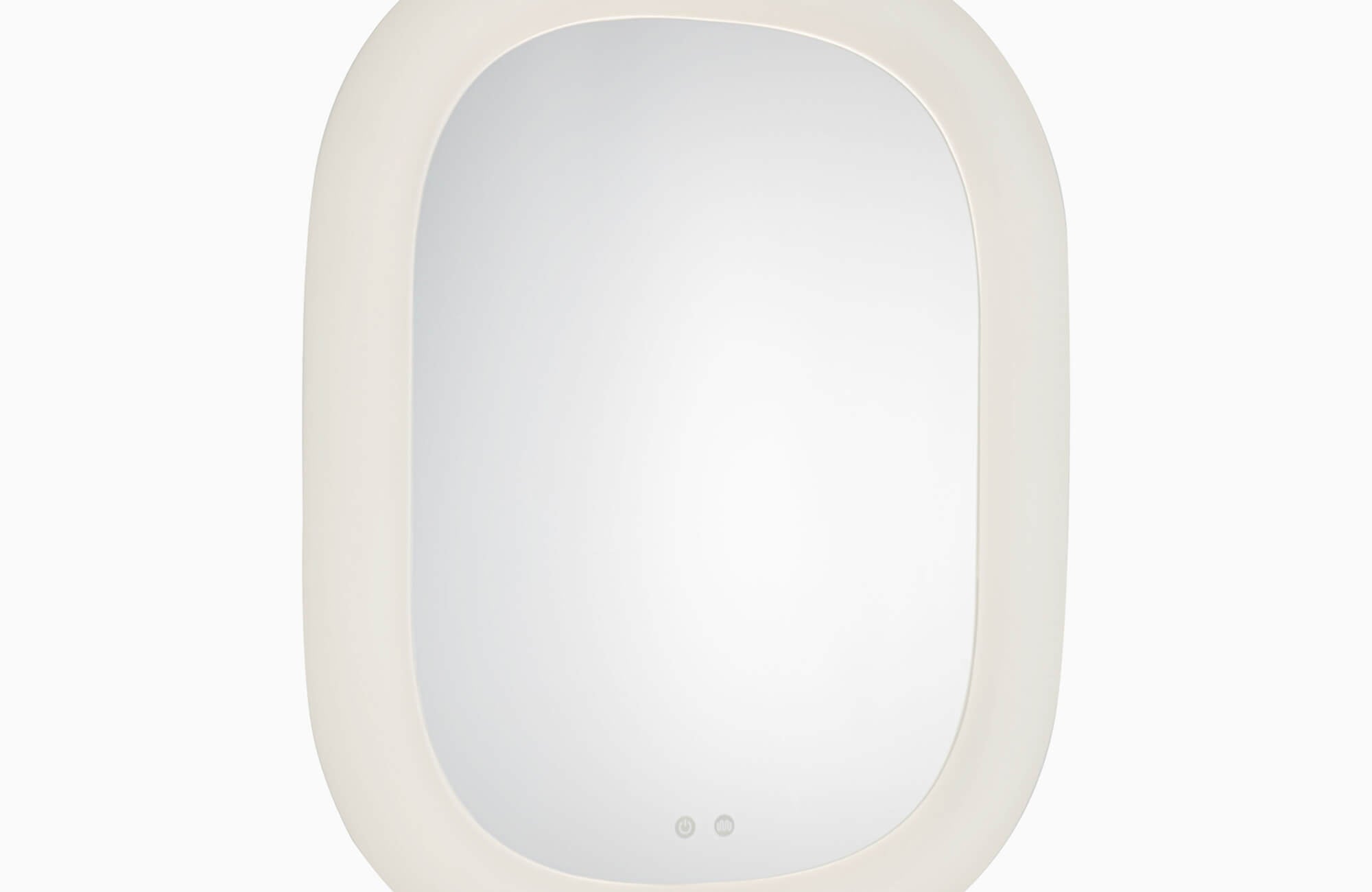 A rounded-edge LED lighted mirror with a soft white frame and touch controls displayed against a clean, minimal backdrop.