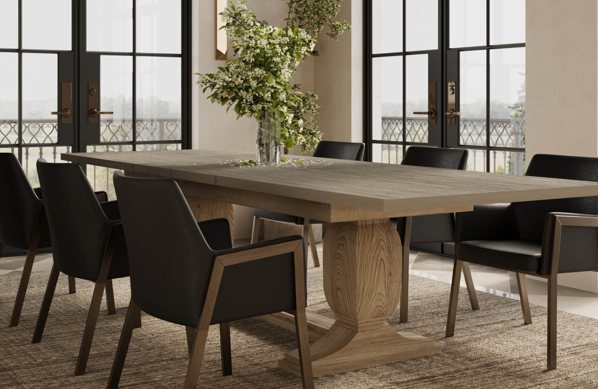 null A dining space featuring a large wooden table styled in a room designed to contrast marble alternatives.
