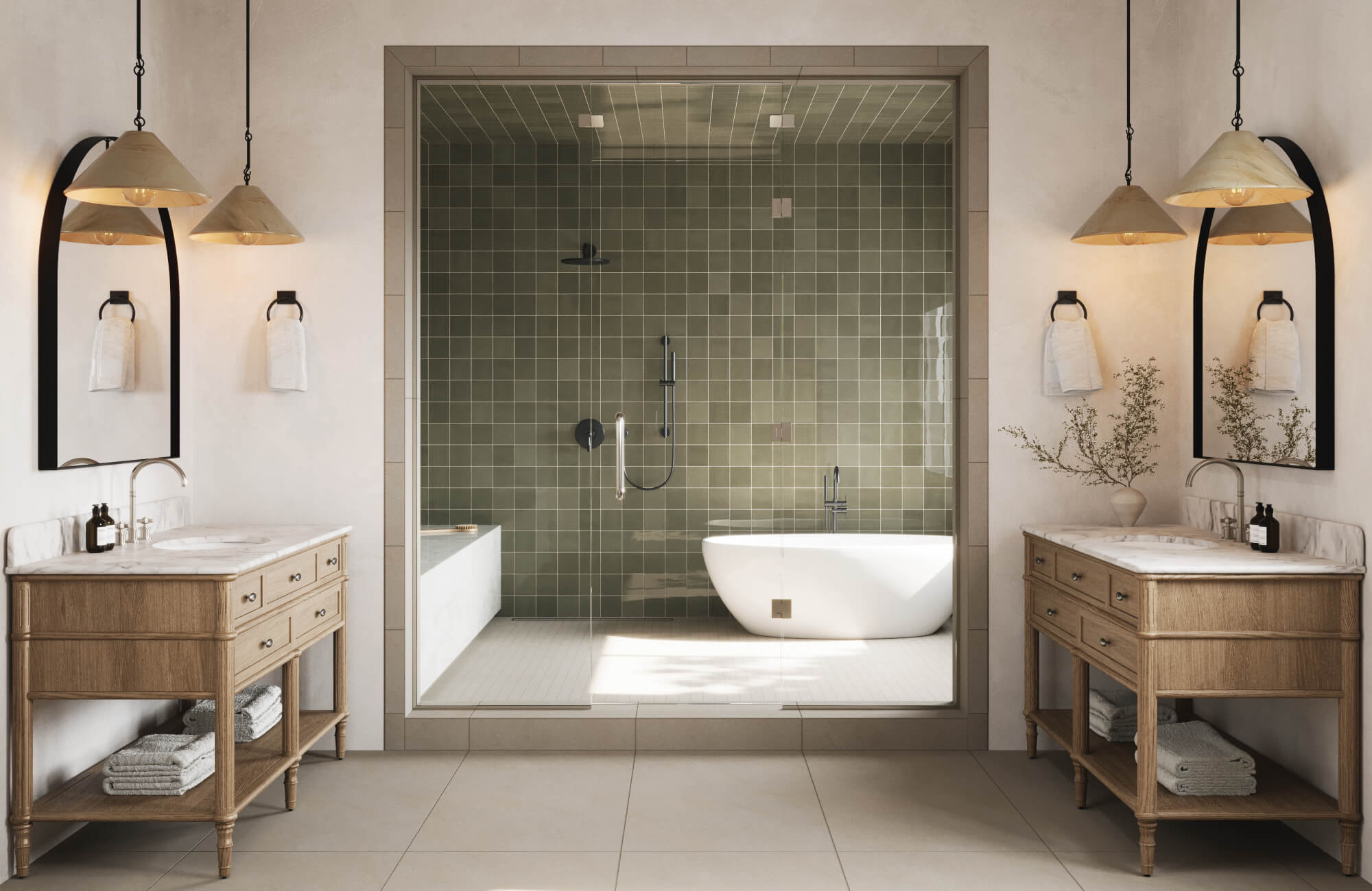 null Double wood bathroom vanities with marble tops, open shelves, and mirrors, styled in a spacious bathroom.