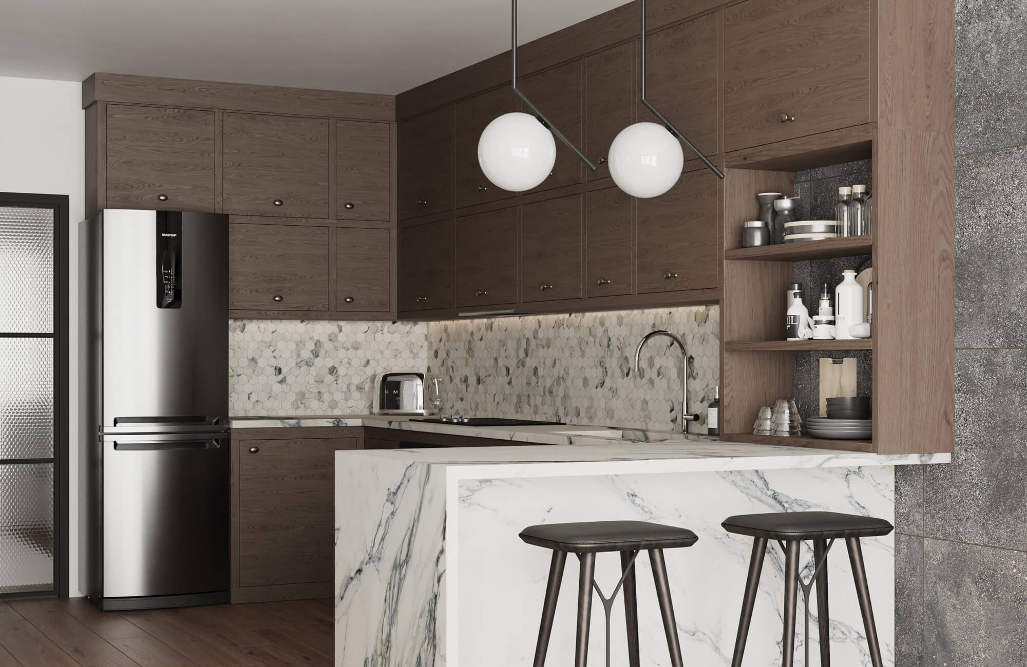 Hexagon stone mosaic backsplash brings natural variation and visual rhythm to a compact kitchen workspace.