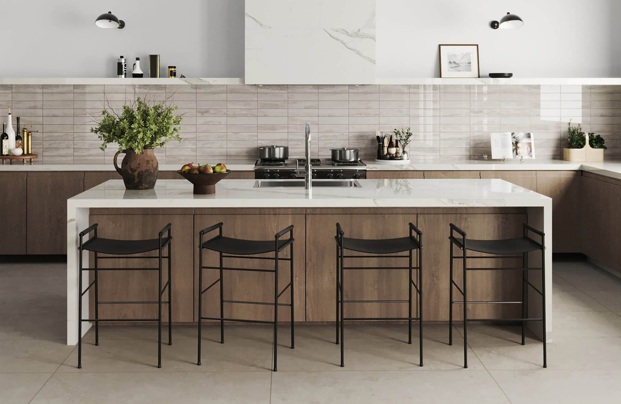 Linear stone backsplash in soft neutral tones creates a calm, cohesive backdrop across a wide kitchen wall.