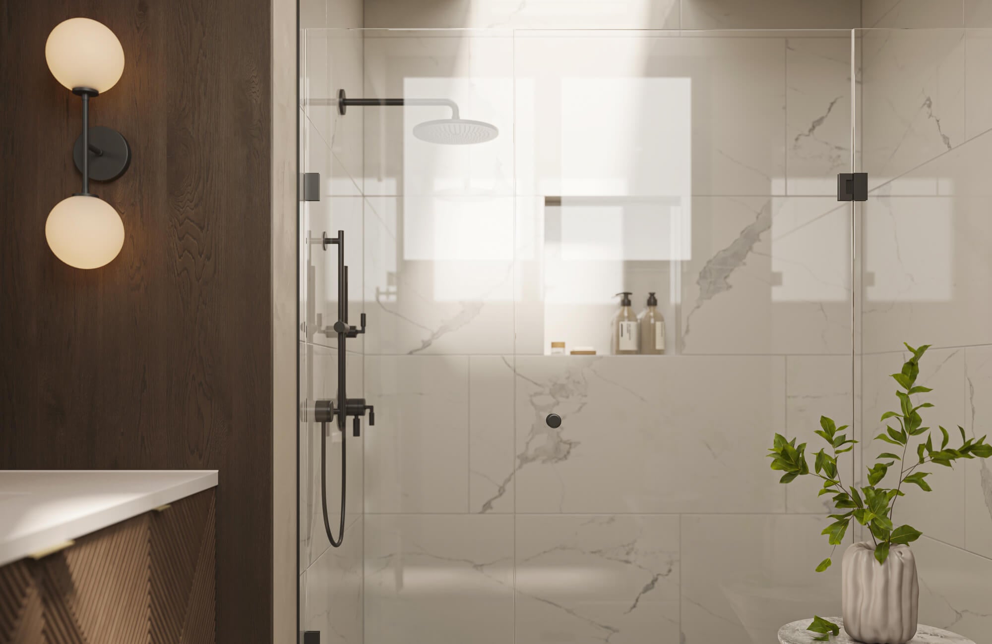 Large-format stone-look backsplash panels deliver a clean, seamless appearance in a modern bathroom setting.