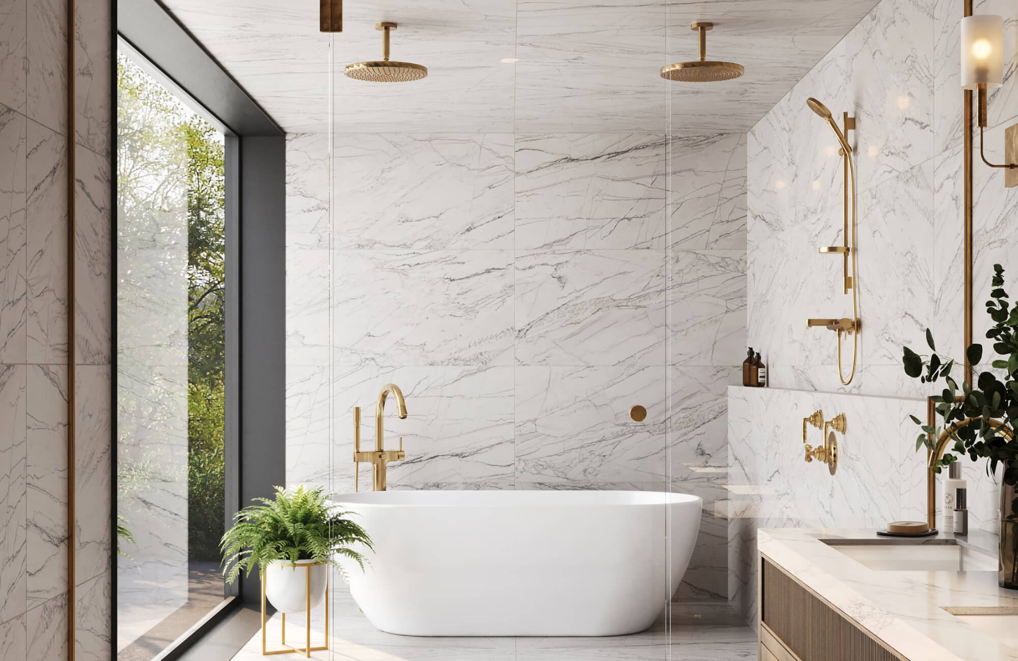 Natural stone backsplash with elegant veining enhances a spa-like bathroom, creating a refined and cohesive backdrop.