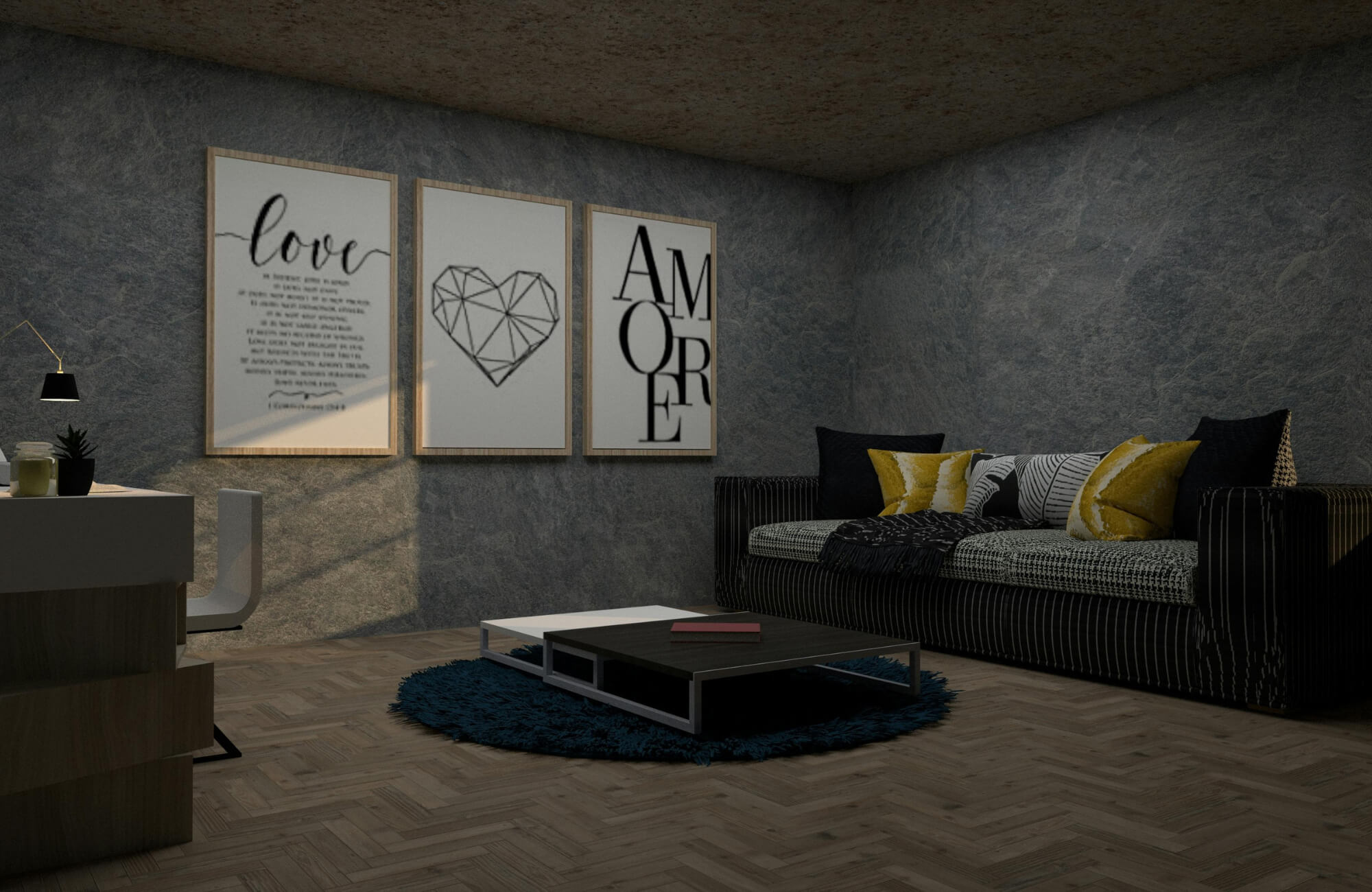 null Minimalist lounge with framed typography wall art, dark textured walls, modern sofa, and moody ambient lighting throughout home.