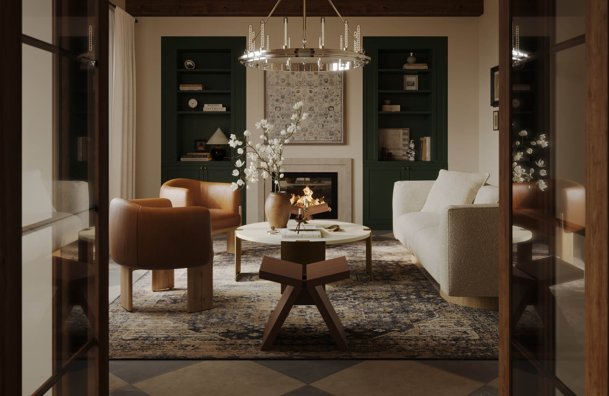 null Elegant living room with framed canvas art above fireplace, sculptural lighting, and layered neutral furnishings throughout the home.