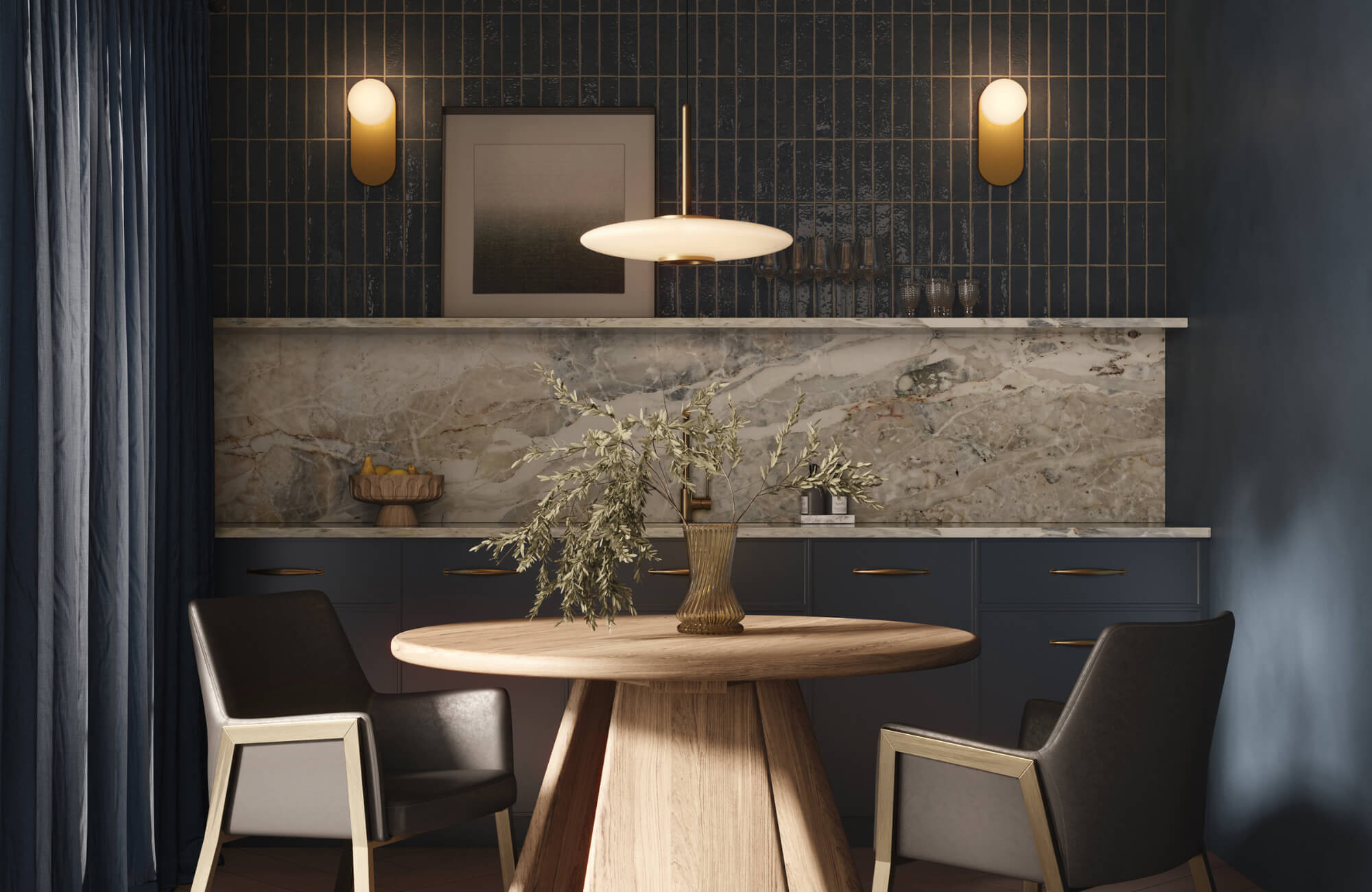 null Modern dining nook with blue tiled walls, marble backsplash, warm sconces, and contemporary pendant lighting throughout inside.