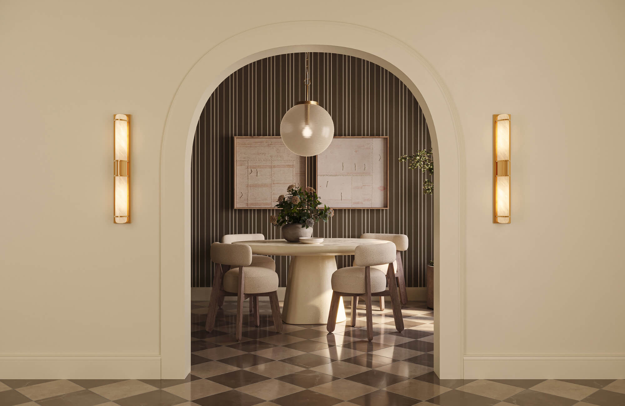 null Arched dining room entrance with abstract wall art, striped accent wall, and warm modern sconces softly glowing nearby today.