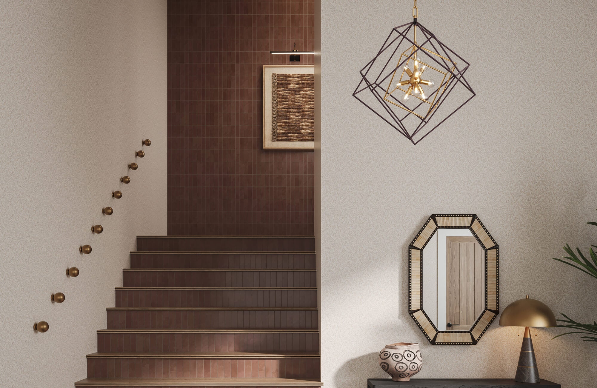 null Modern staircase with geometric pendant light, textured wall finishes, decorative mirror, and warm metallic accents throughout.