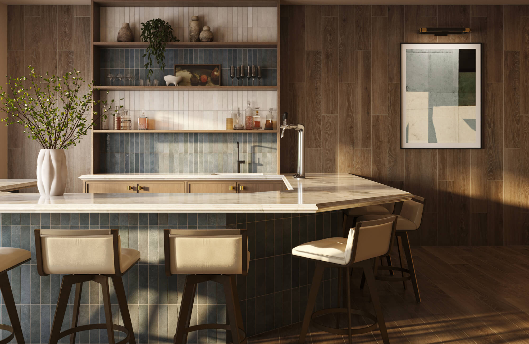 null Contemporary kitchen bar with abstract framed artwork, blue tile accents, wood walls, and layered ambient lighting throughout.