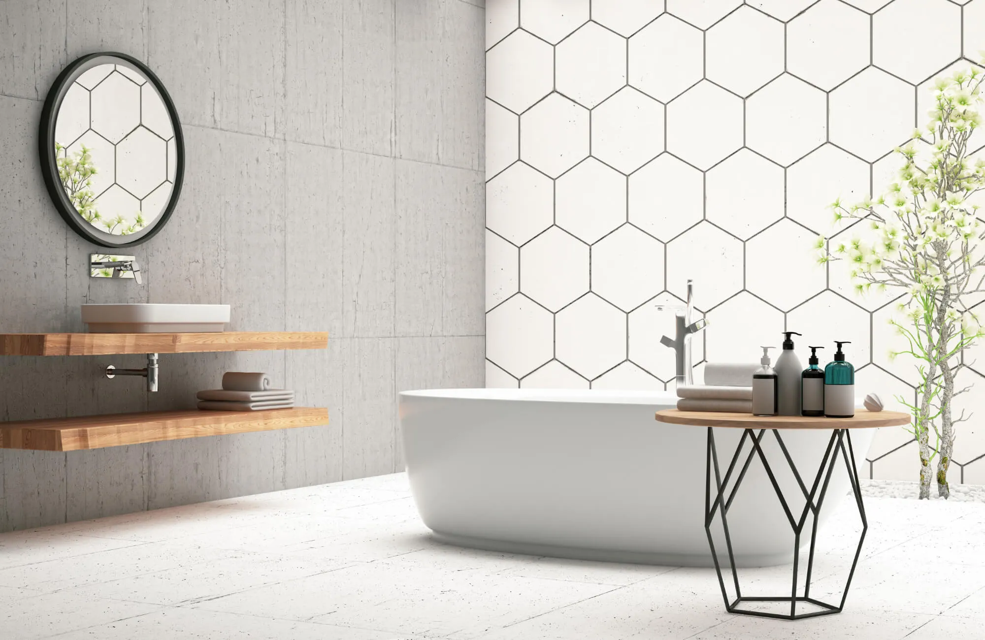 Modern bathroom with hexagonal white wall tiles, a freestanding tub, floating wood shelves, and minimalist decor near a window.