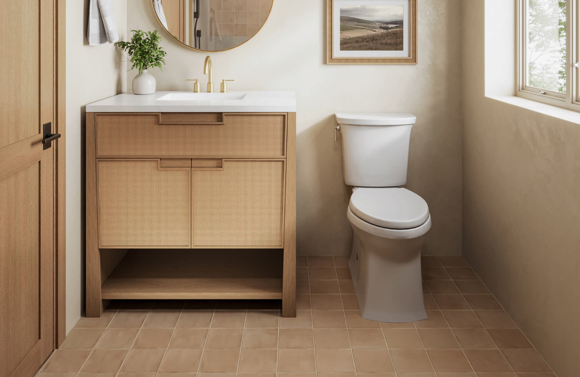 Neutral-toned bathroom with square ceramic tile flooring, a wood vanity with a white countertop, and natural light from a nearby window.
