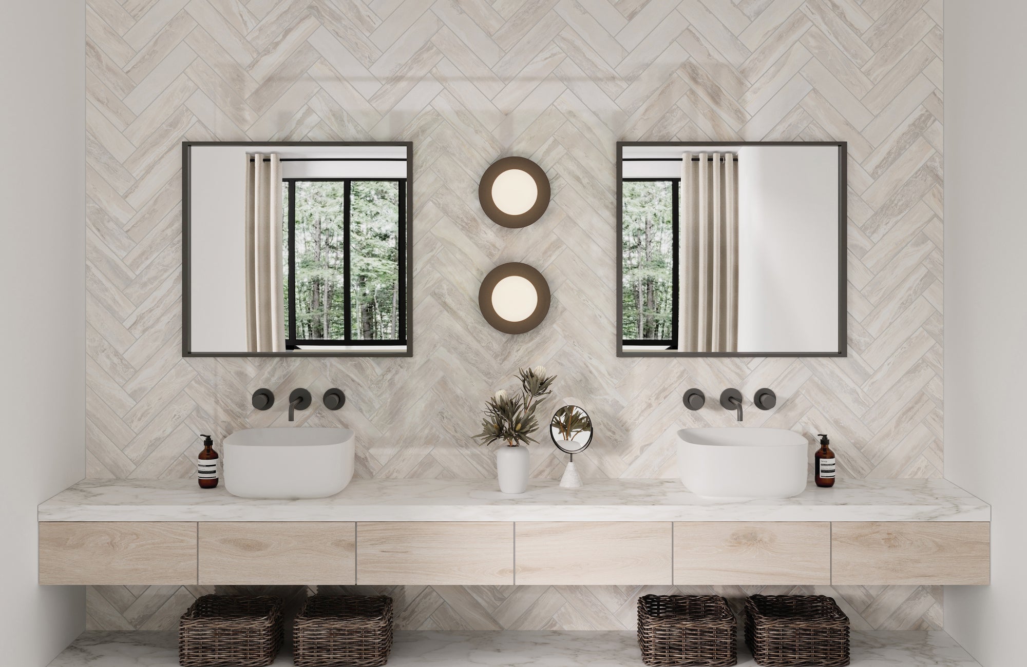 null Bathroom vanity wall covered in light herringbone tile, adding texture and contemporary style to the space.