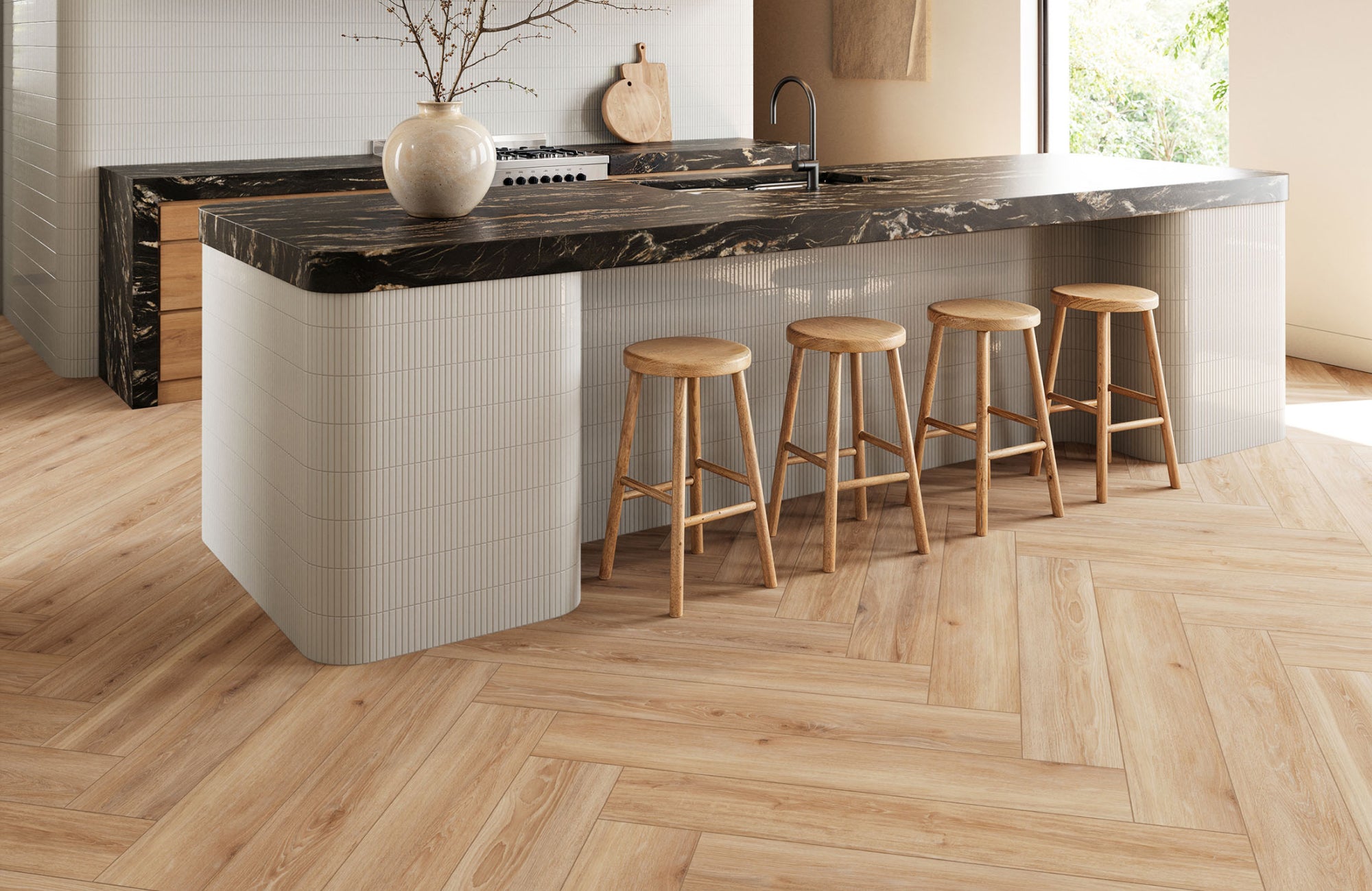 null Warm wood-look herringbone tile flooring in a modern kitchen, bringing natural charm and pattern to the design.