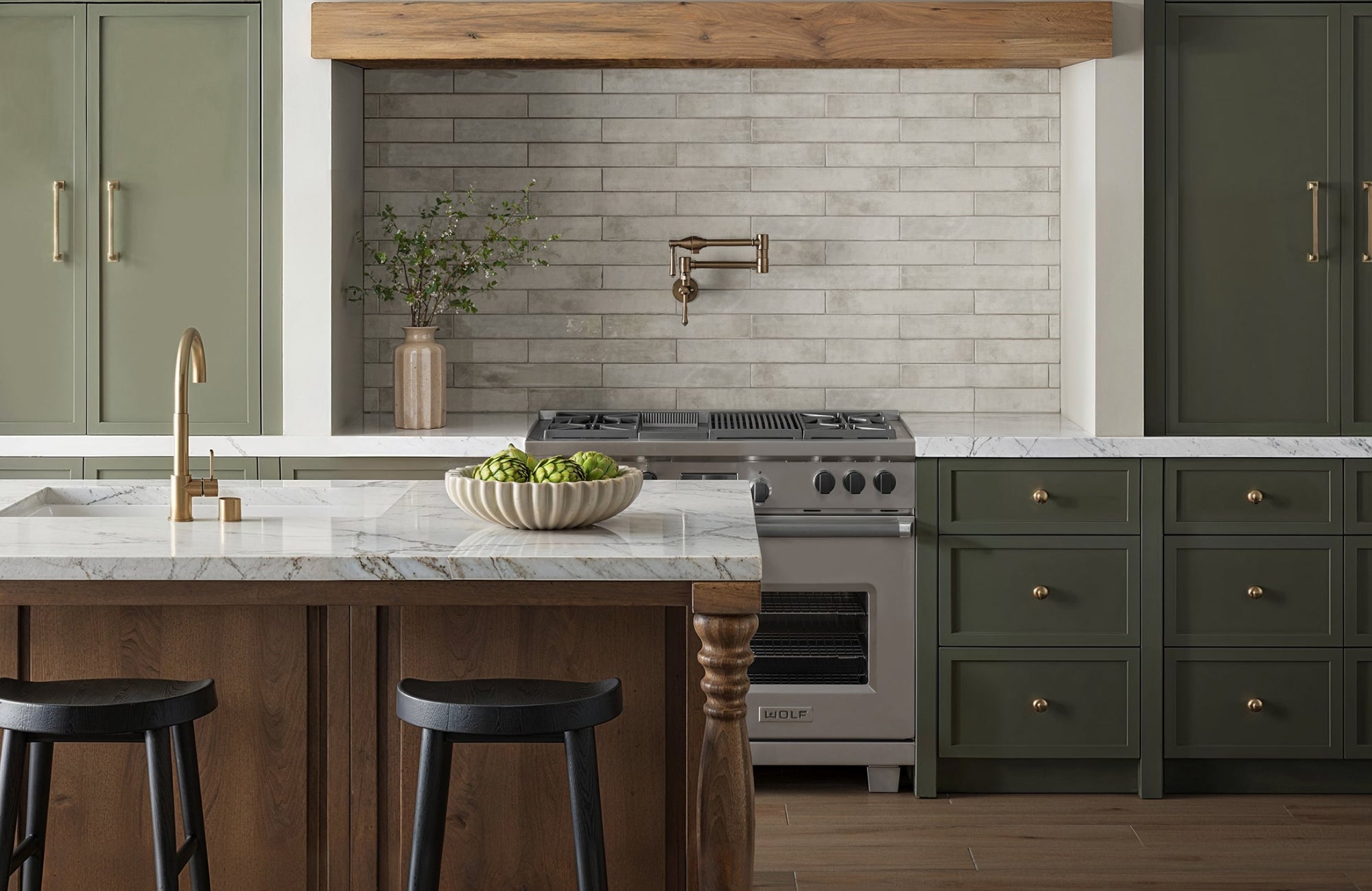 null Kitchen backsplash with gray subway tile pattern, enhancing the space with texture and sophistication.