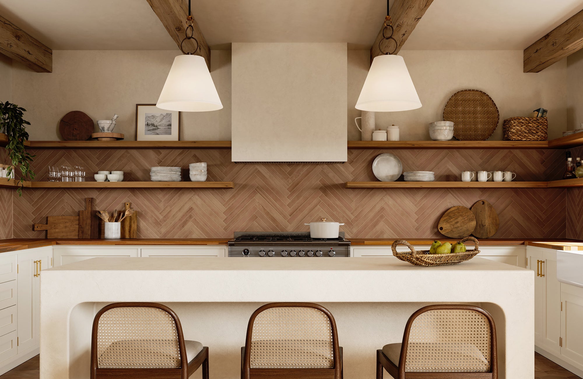 null Rustic kitchen backsplash featuring earthy herringbone tile, adding warmth and visual interest to the space.