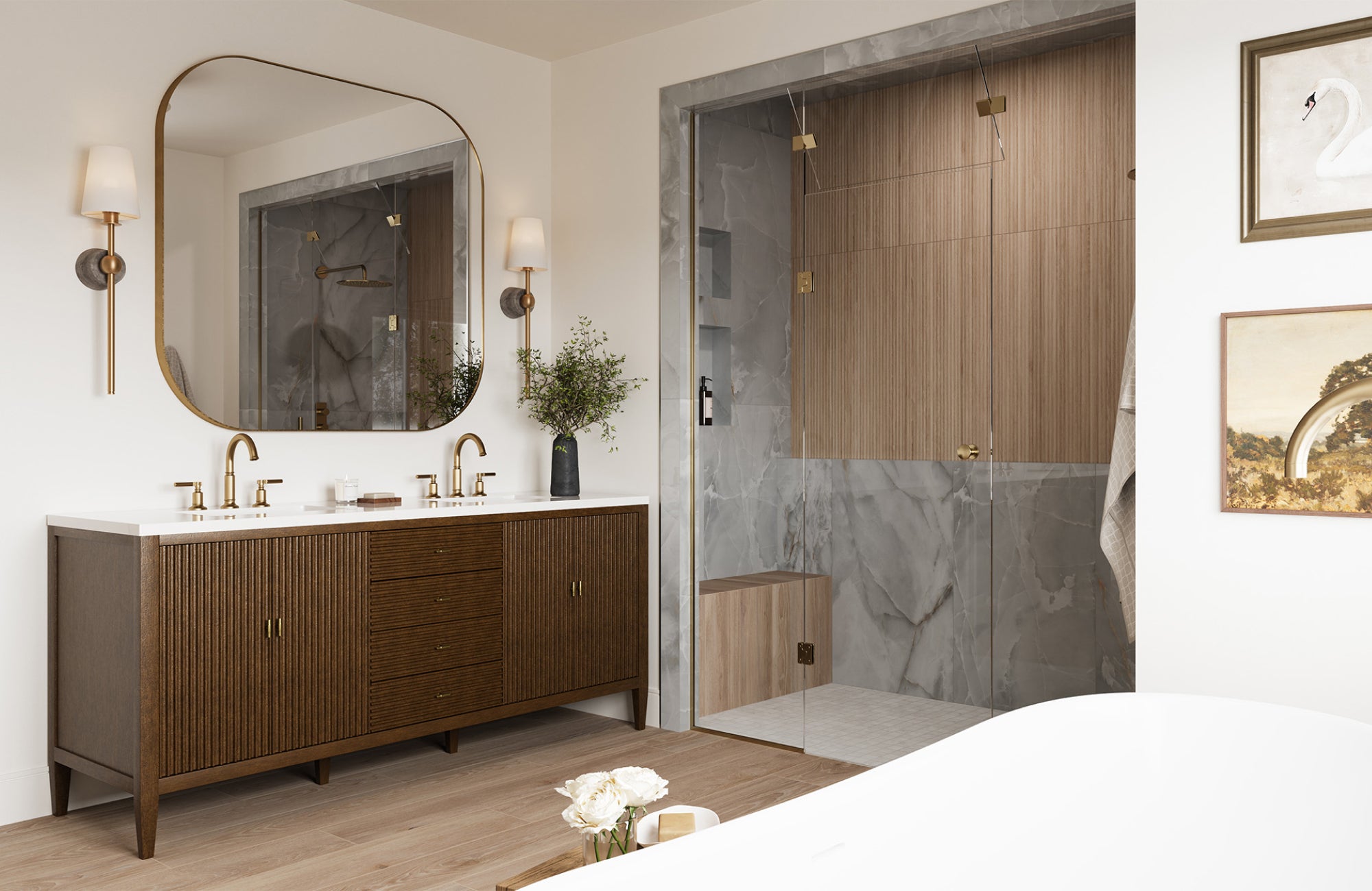 Bathroom featuring a single large mirror above a double vanity with gold accents.