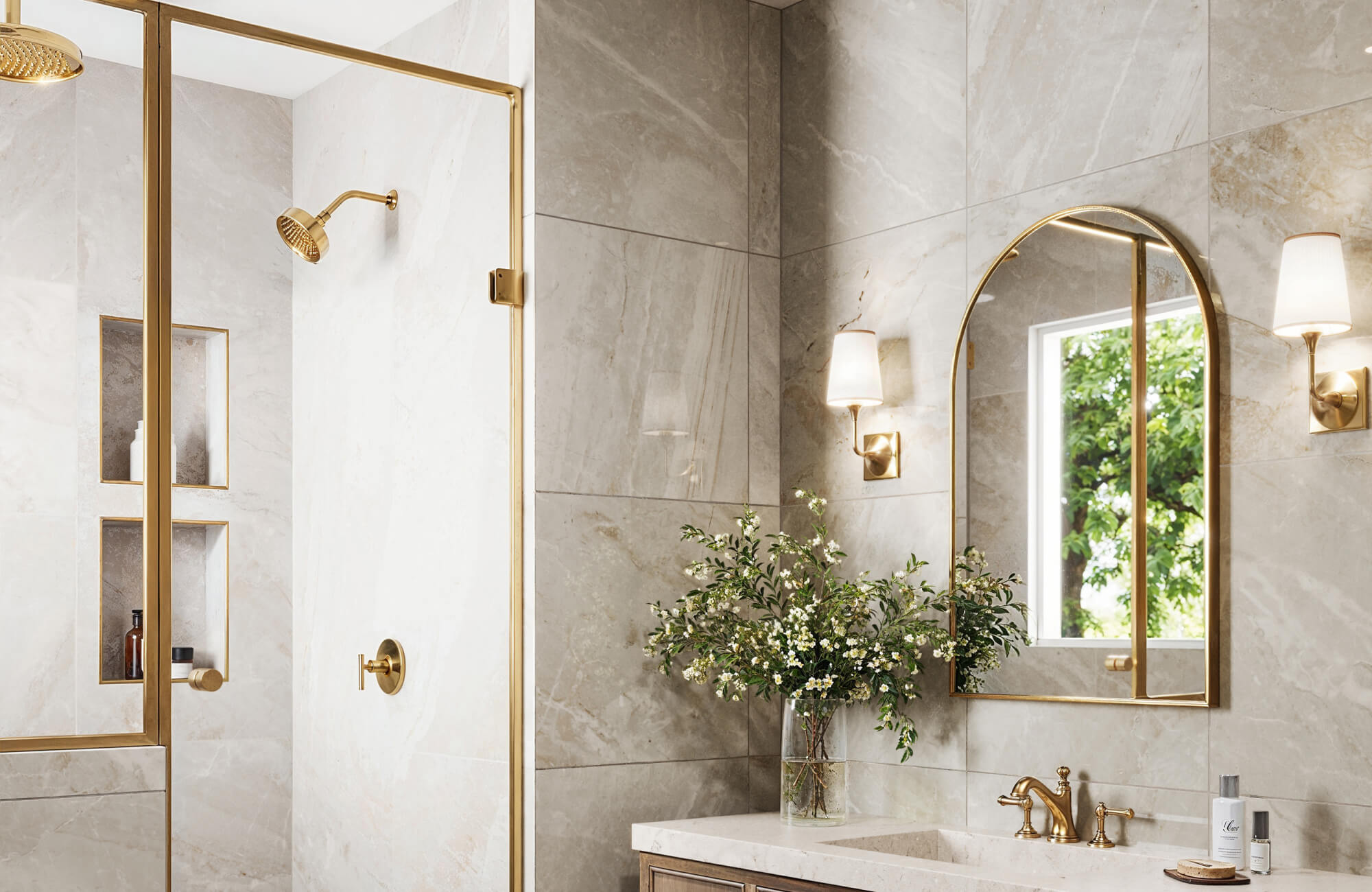 Large tile shower ideas in a small bathroom with beige marble-look large format tiles, glass enclosure, and minimal grout lines for a bright, open feel.