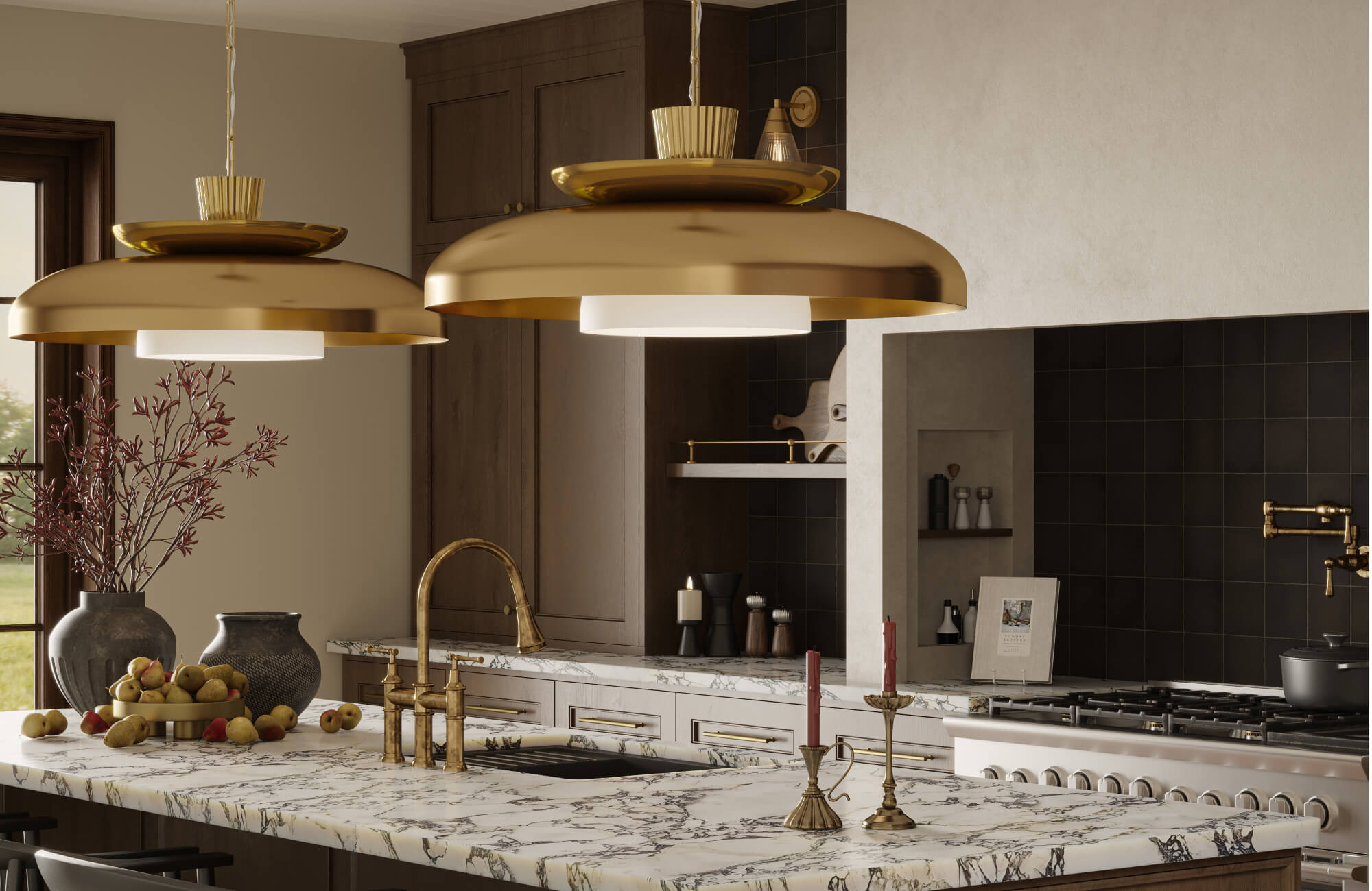 Luxurious kitchen interior accented by bold brass kitchen pendant lighting above a marble island, complemented by rich wood cabinetry, dark tiled walls, and elegant gold fixtures for a sophisticated, upscale ambiance.