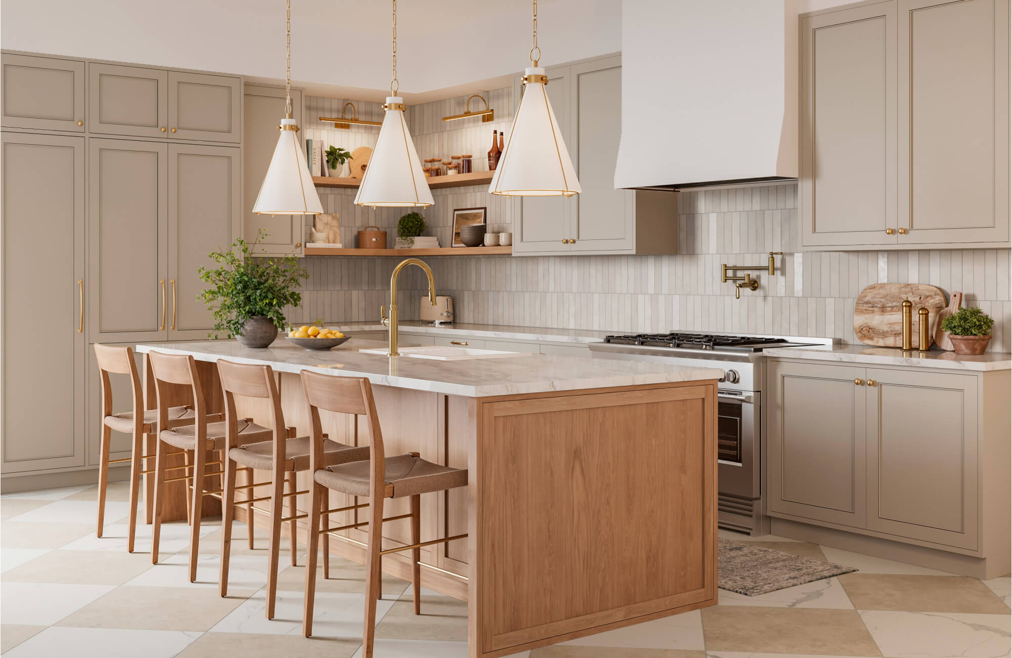 Bright transitional kitchen featuring elegant tapered kitchen pendant lighting above a spacious marble island, complemented by soft gray cabinetry, warm wood accents, and refined brass details for a clean, welcoming look.