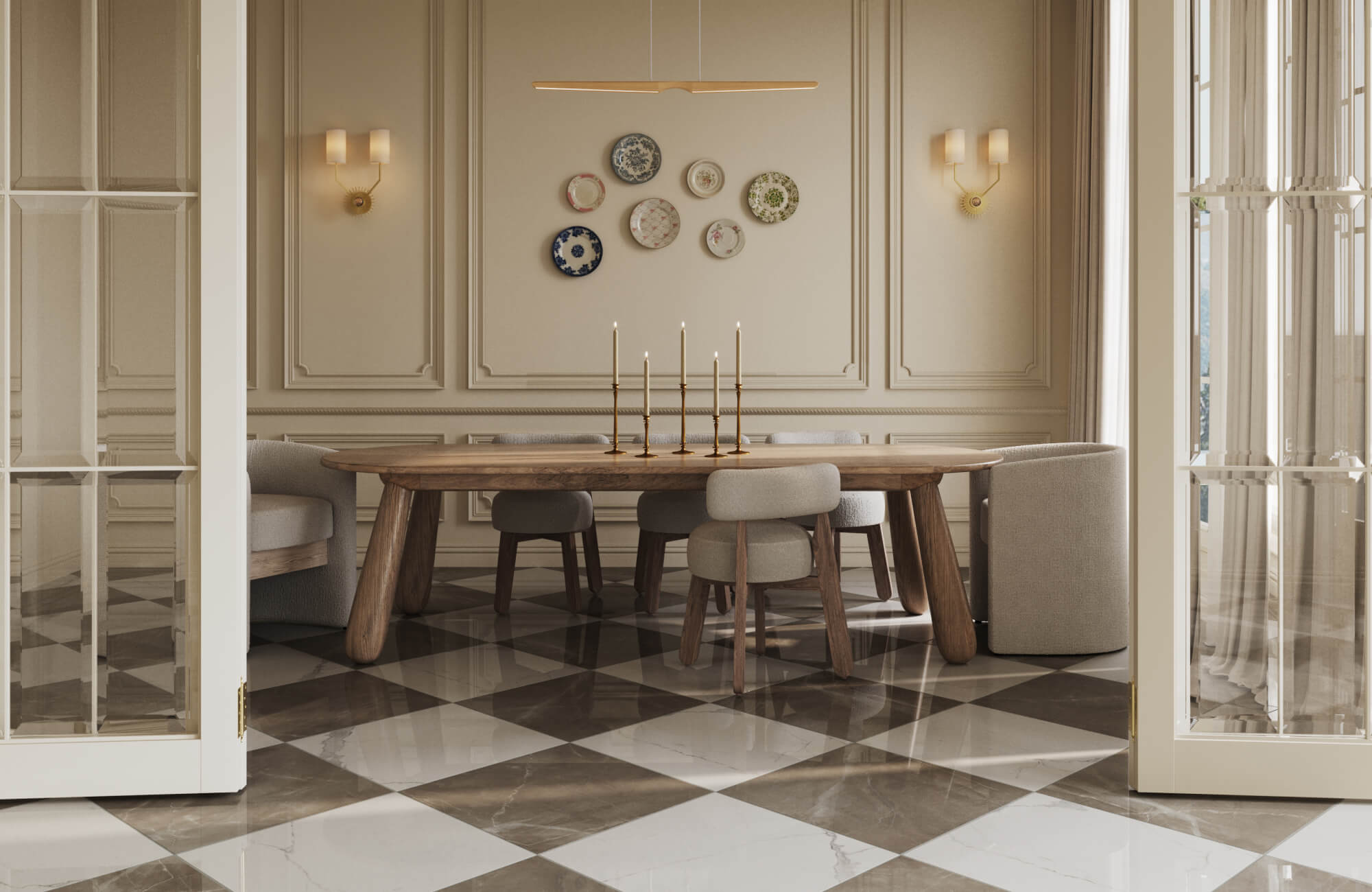null Elegant dining room with glossy taupe-and-white marble checkerboard floor, wood table, cream paneling and brass lights.