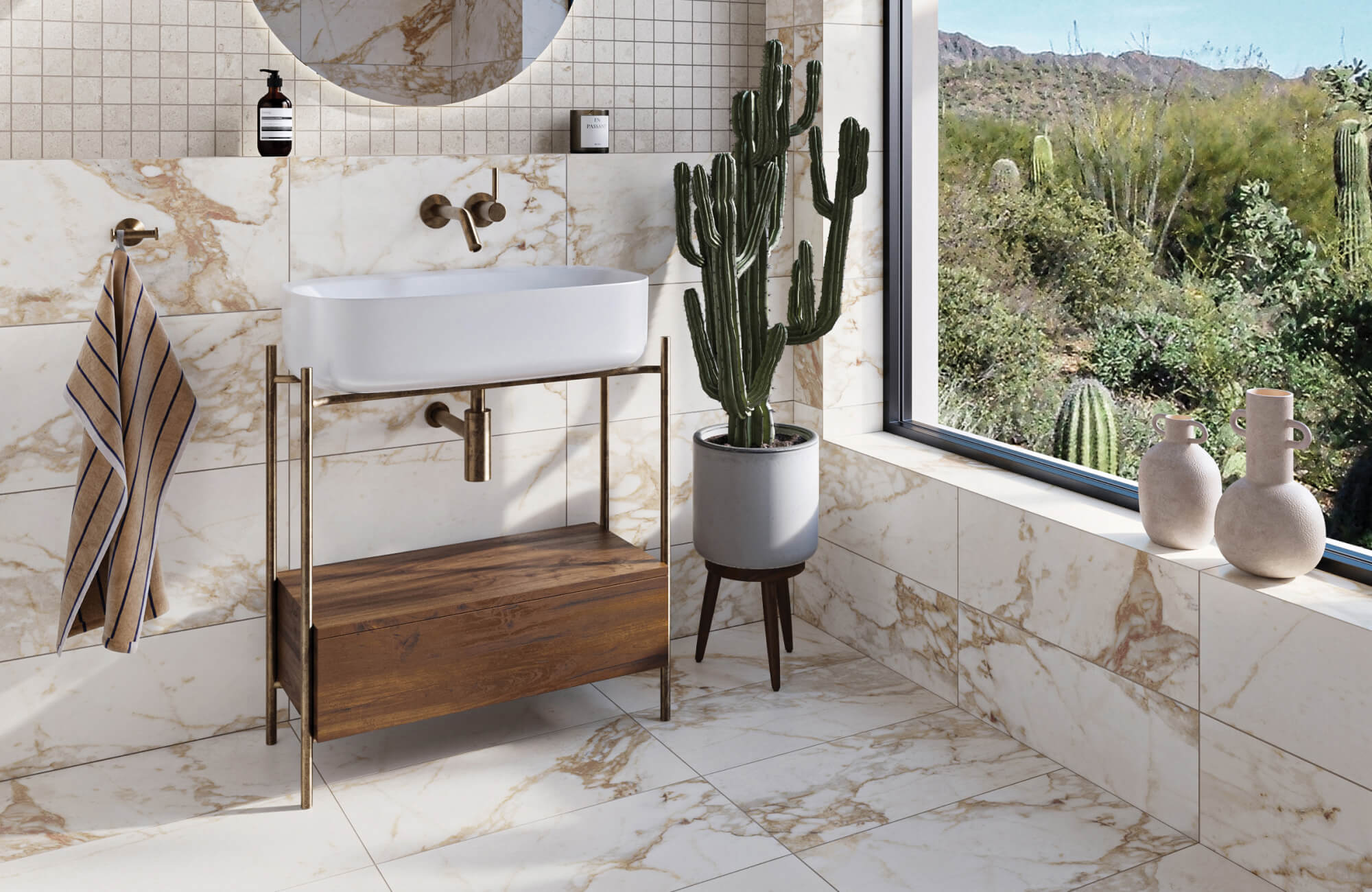 null Bright bathroom with white-and-gold marble wall and floor tile, brass vanity, wood shelf and cactus by desert window.