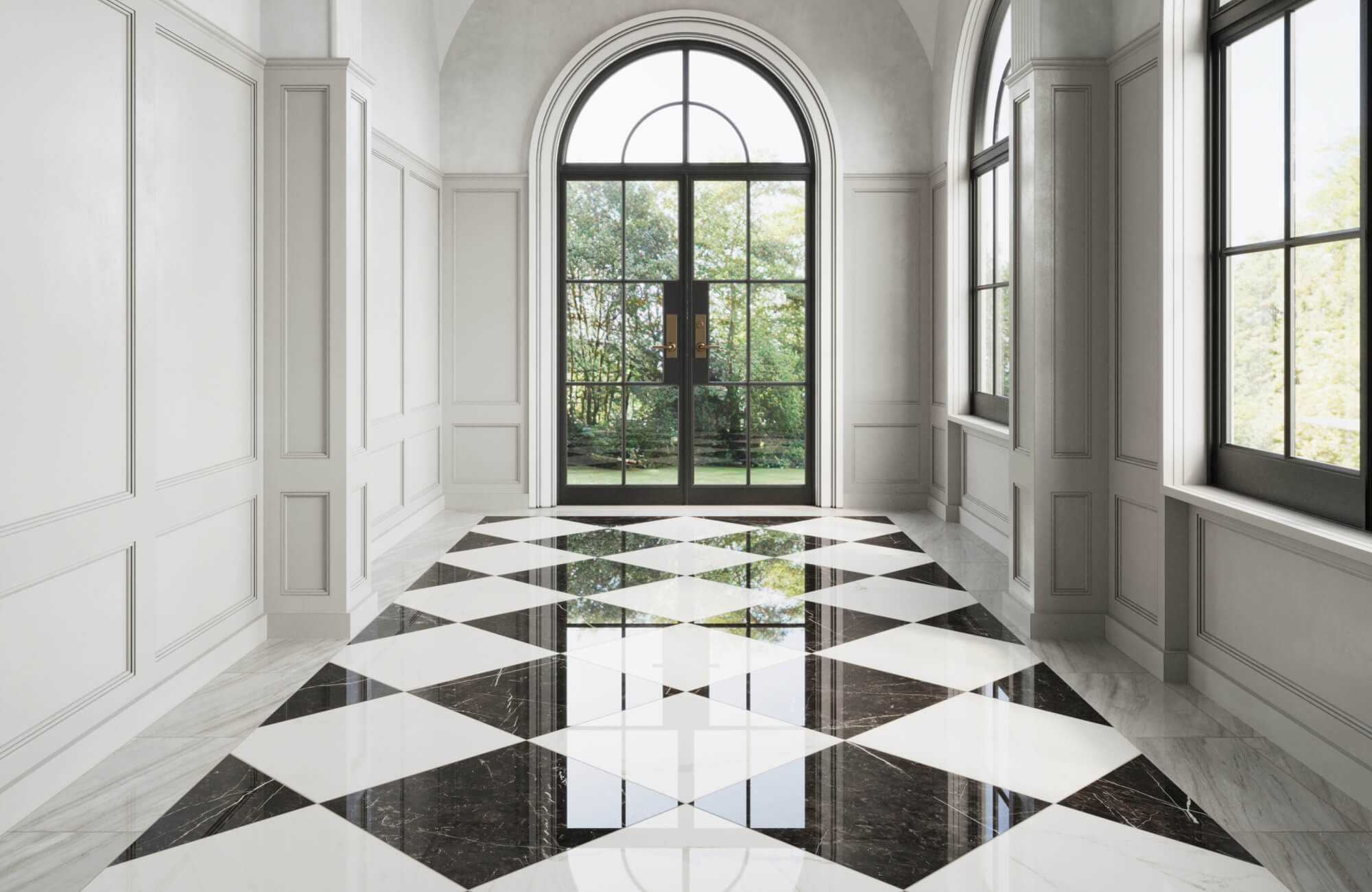 null Grand hallway with polished black-and-white marble diamond floor, arched glass doors, tall windows and paneled walls.