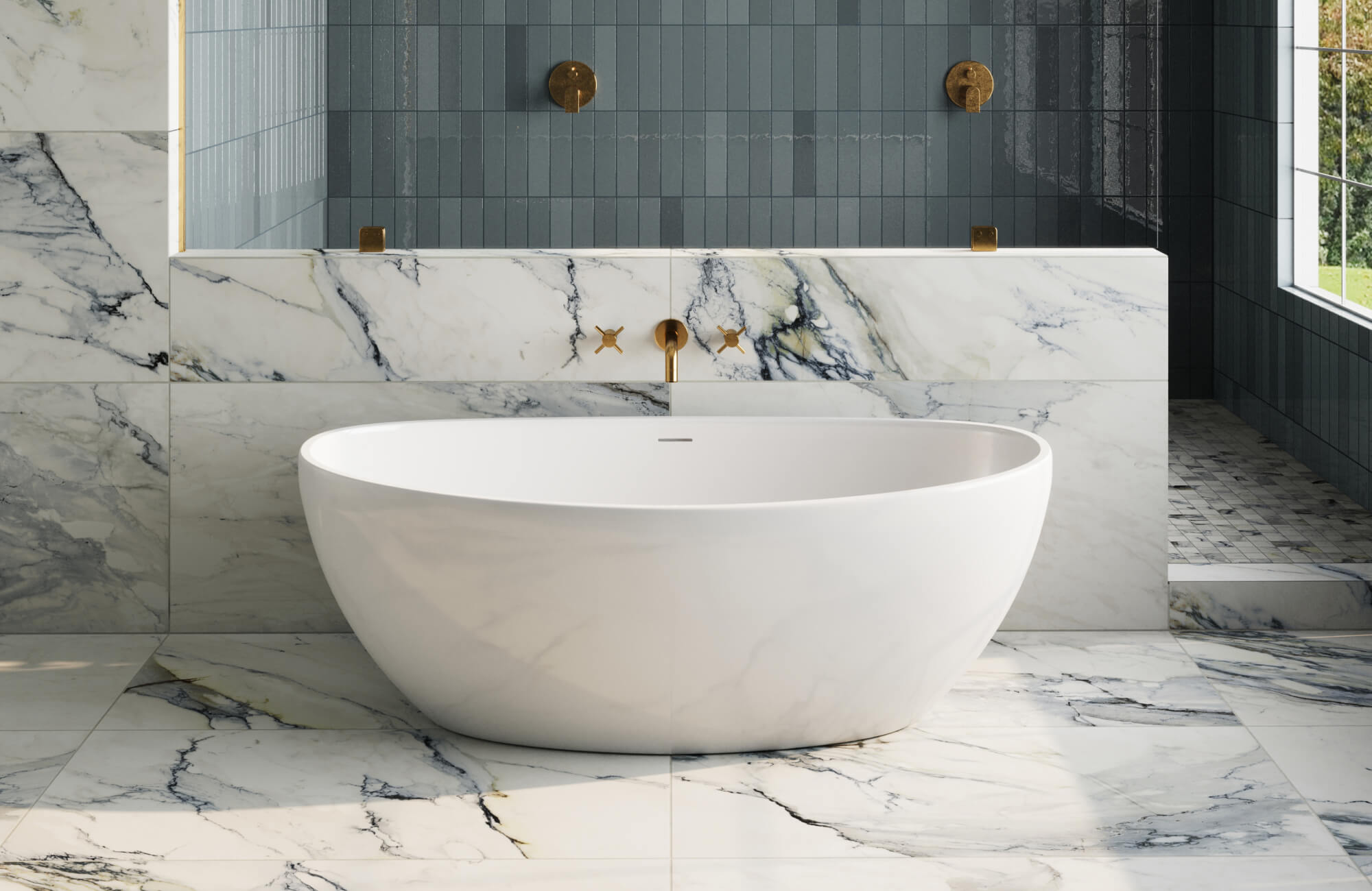Modern bathroom with luxurious white marble tiles featuring dramatic veining, centered around a sleek freestanding tub and gold fixtures.