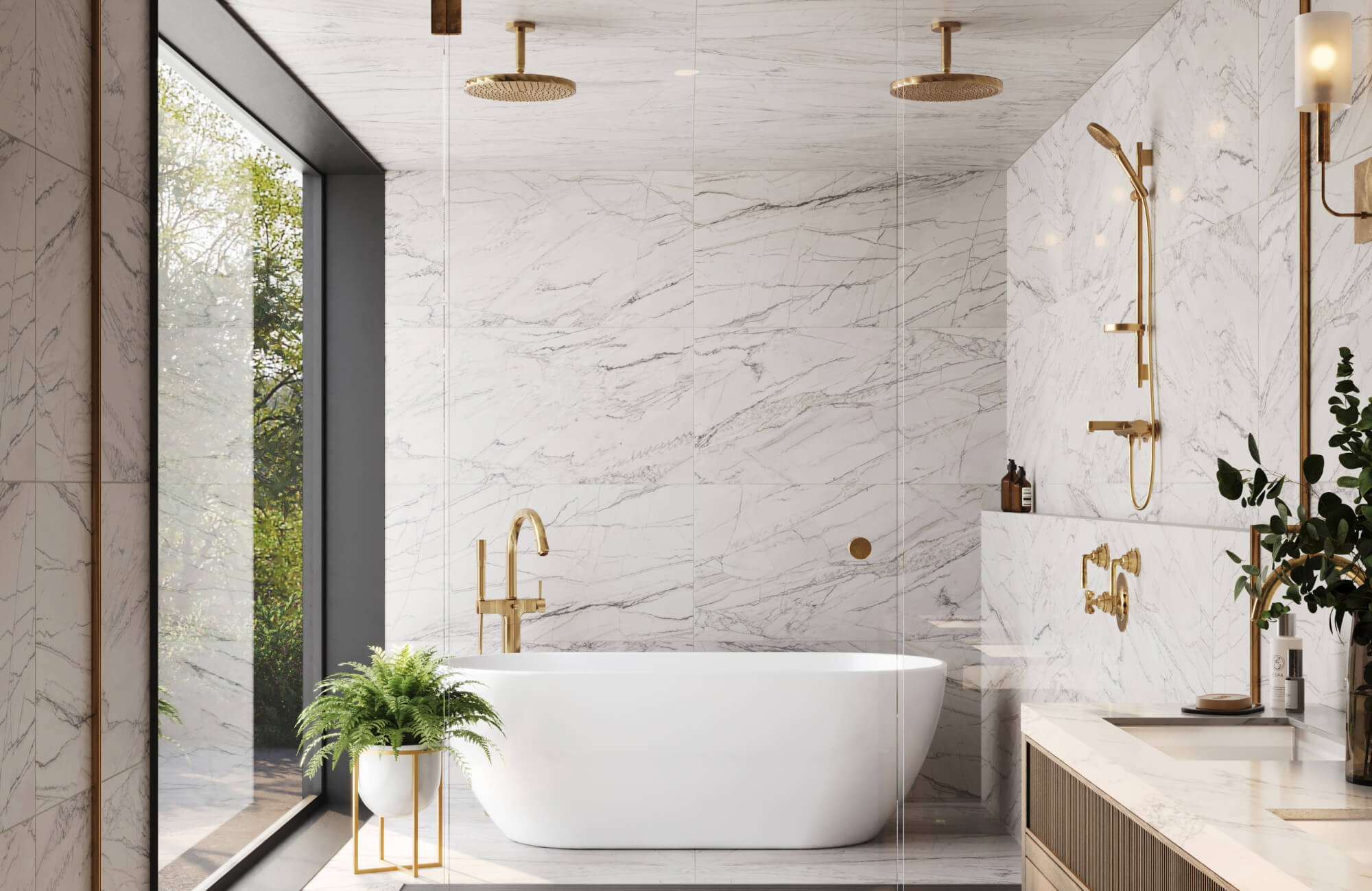 null A luxurious bathroom featuring white marble look wall tiles with bold veining, gold fixtures, a freestanding tub, and a glass-enclosed dual shower for a spa-like feel.