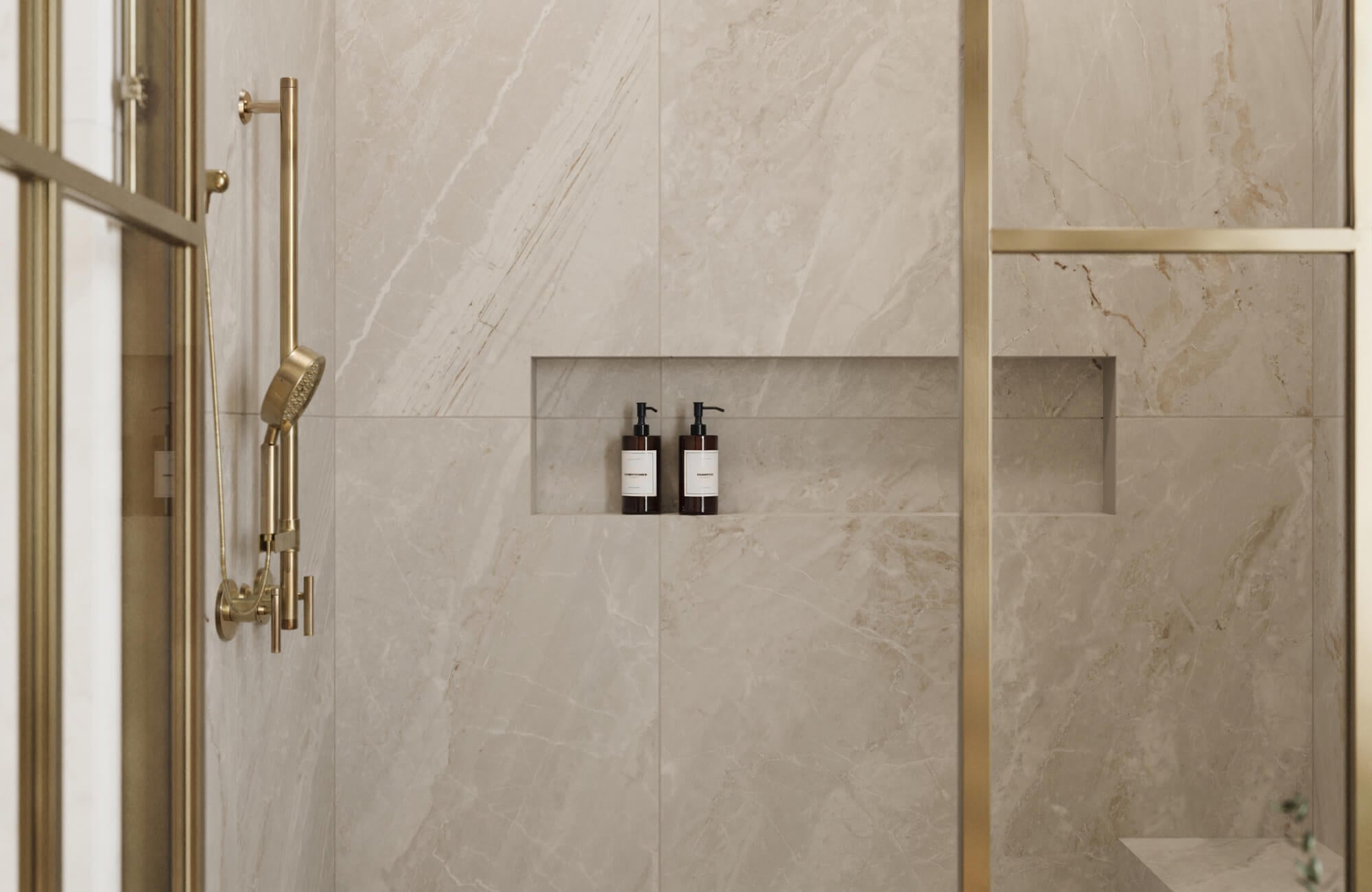 null Modern shower with marble look tile walls, featuring gentle veining, brass hardware, and a recessed shelf for a streamlined look.