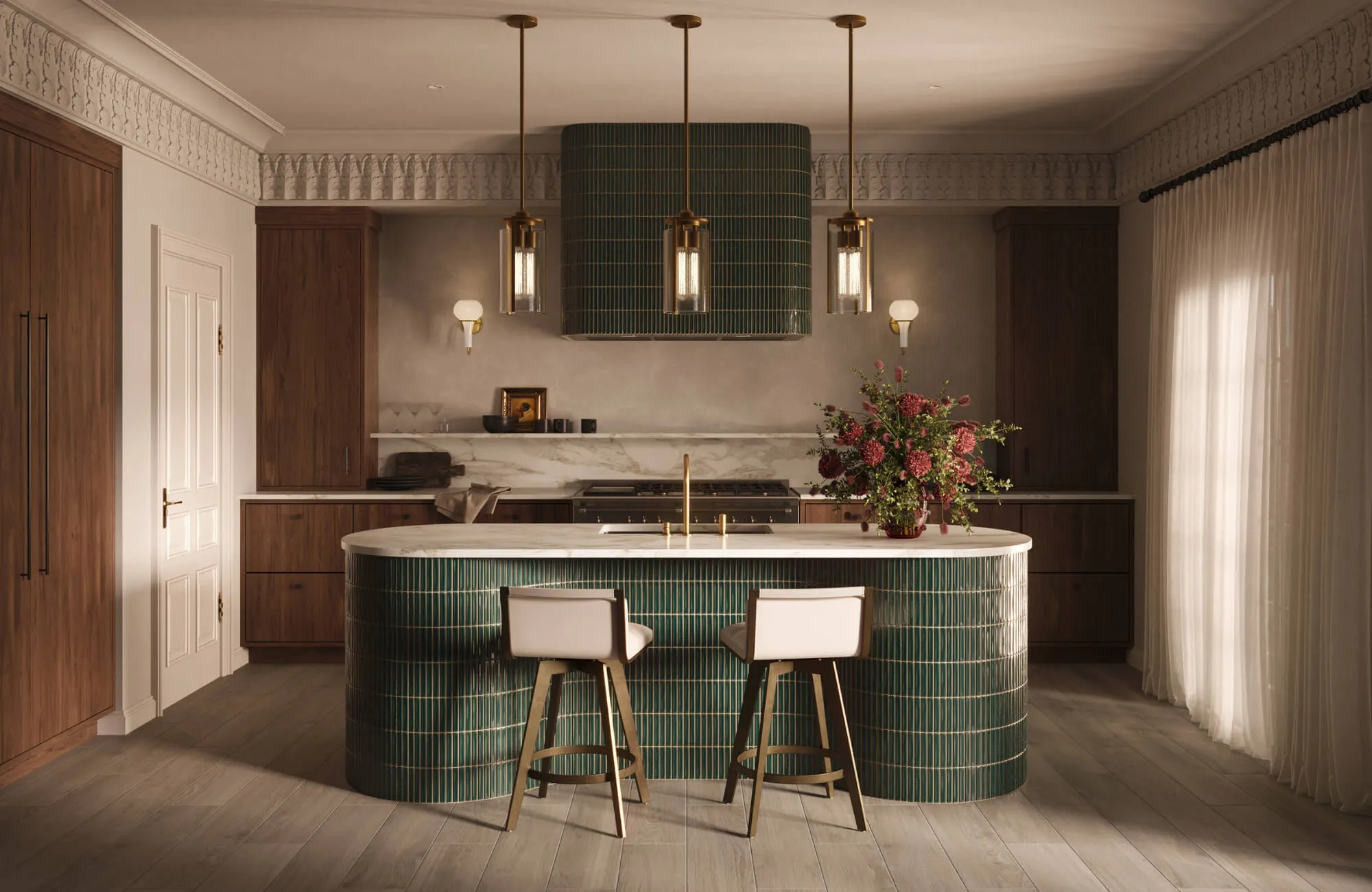 Elegant kitchen with curved green tile island, brass fixtures, and pendant lighting paired with warm wood cabinetry and marble surfaces.
