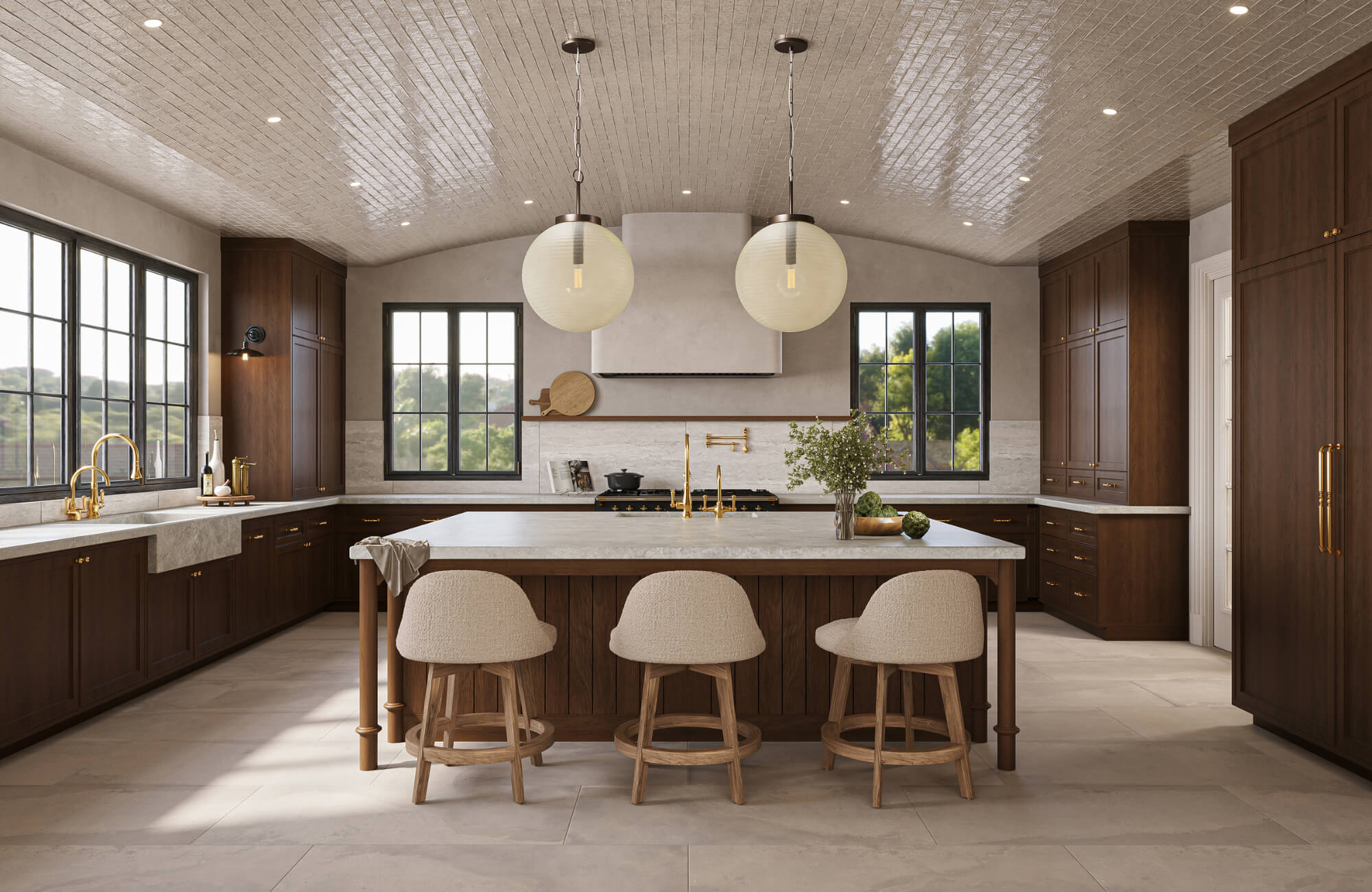 null Spacious kitchen with wood cabinetry, large island seating, pendant lights, and natural light creating a warm and refined interior.