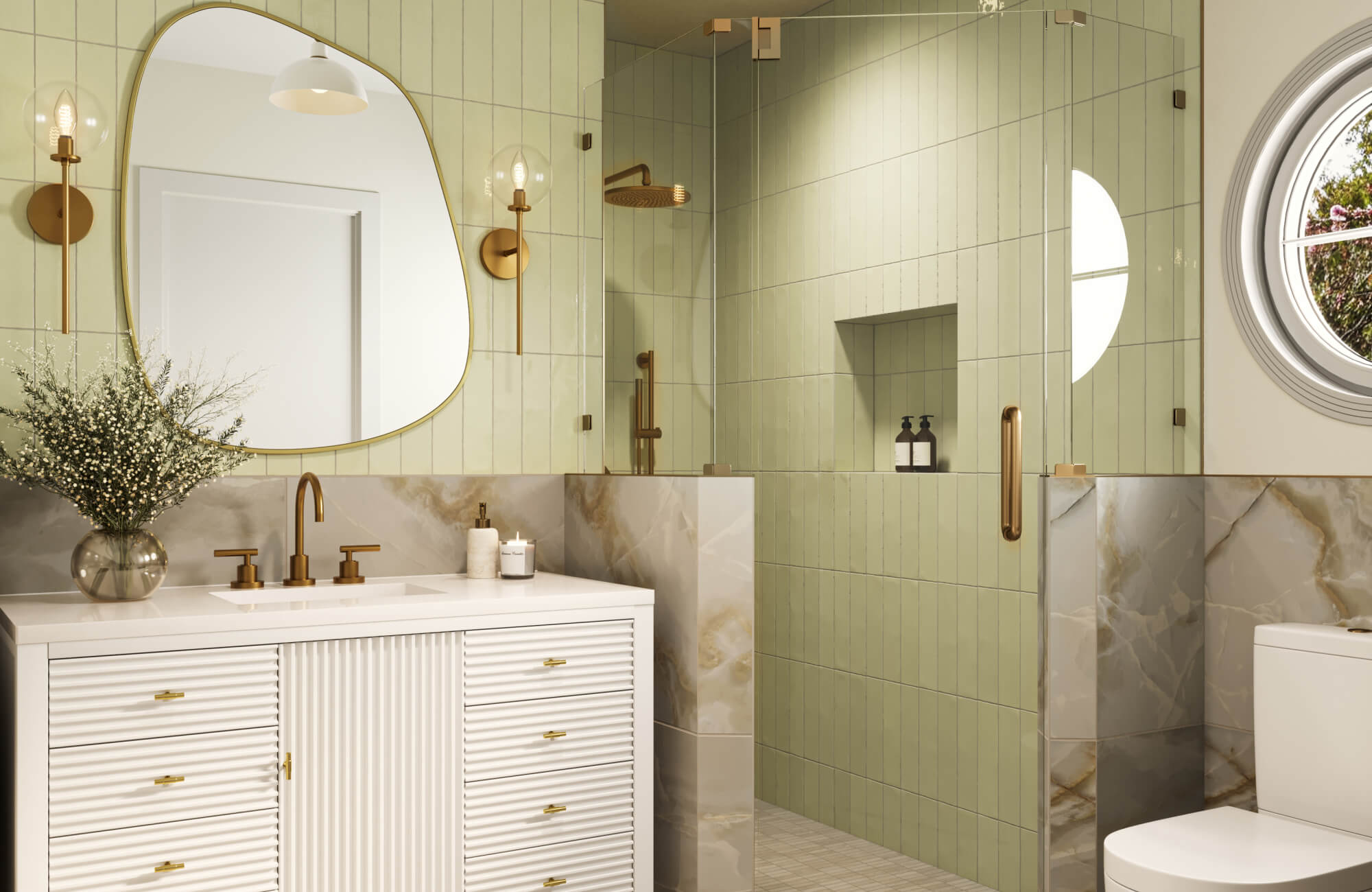 null Glossy light sage green bathroom wall tile, paired with warm brass fixtures, soft beige marble-look surfaces, and clean modern styling for an updated bathroom.