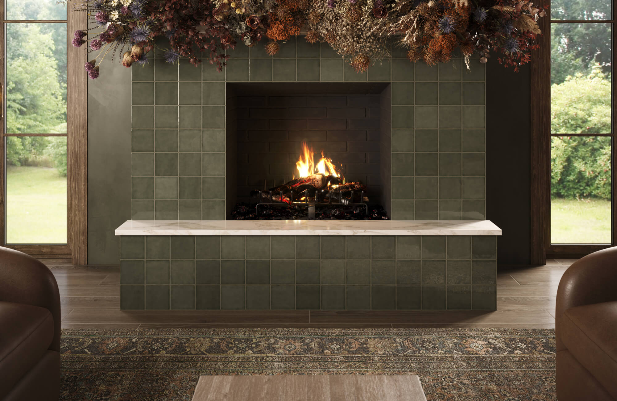 null Deep green square fireplace tile creates a rich, moody focal point, paired with a white stone hearth and dramatic seasonal mantel styling.