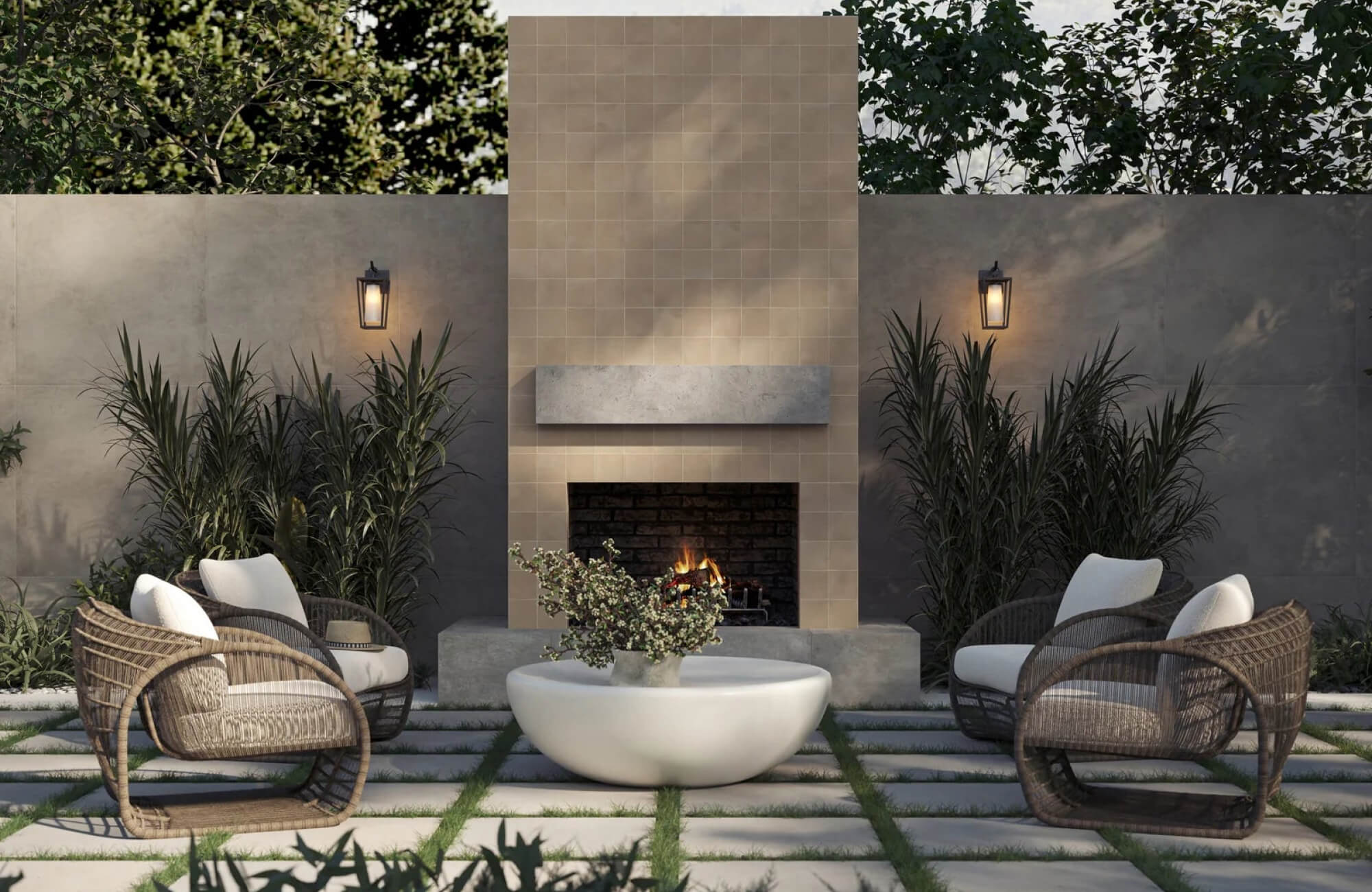 null Warm beige square tile brings a refined focal point to this outdoor fireplace, paired with concrete finishes, white seating, and layered landscaping.