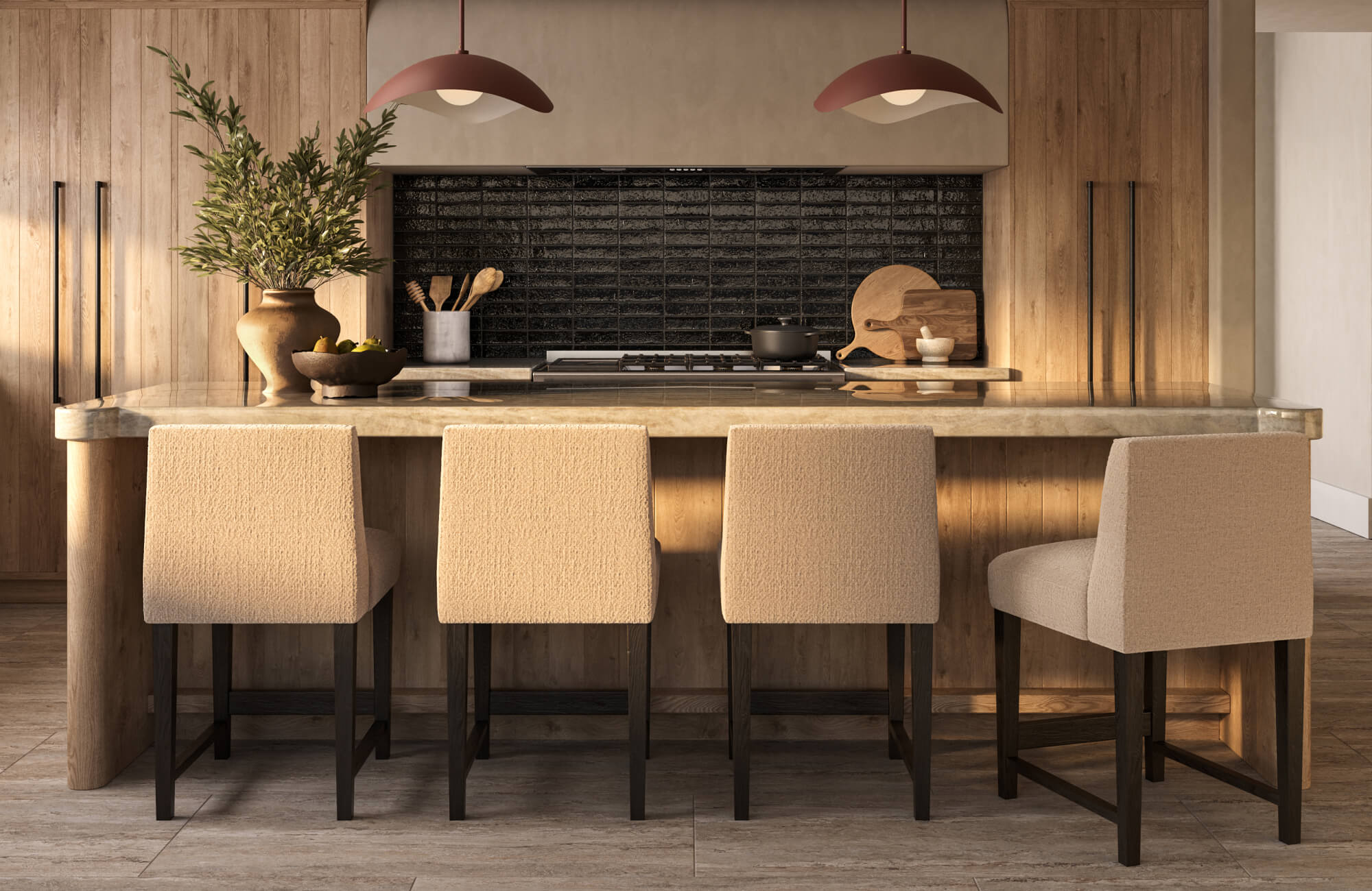 null Large-format warm gray stone-look tile brings a clean, natural base to this kitchen renovation, balanced by wood cabinetry, dark glossy backsplash tile, and soft neutral upholstery.