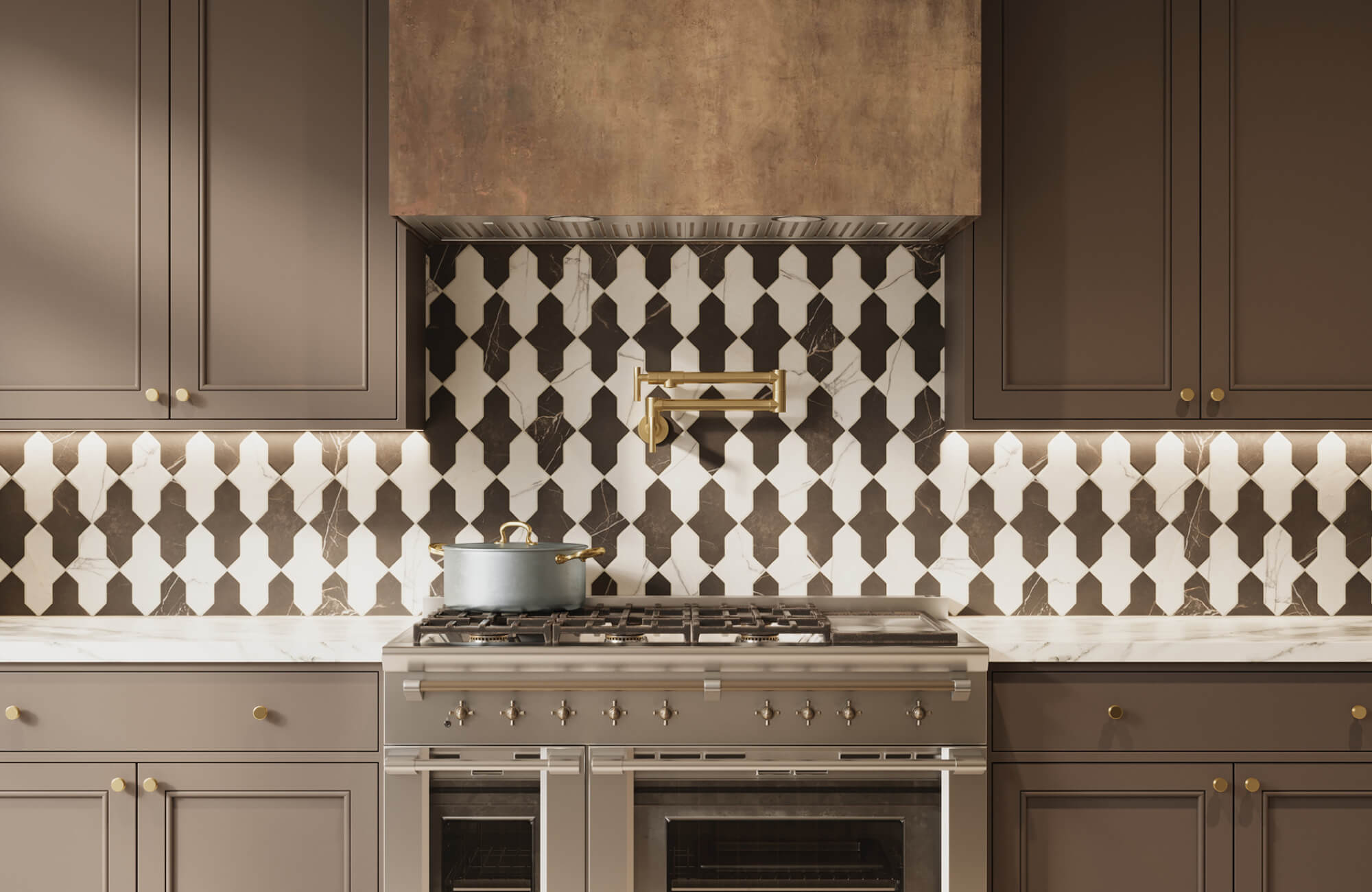 null Warm kitchen with geometric Moroccan-inspired tile behind the stove, forming a striking patterned backsplash.