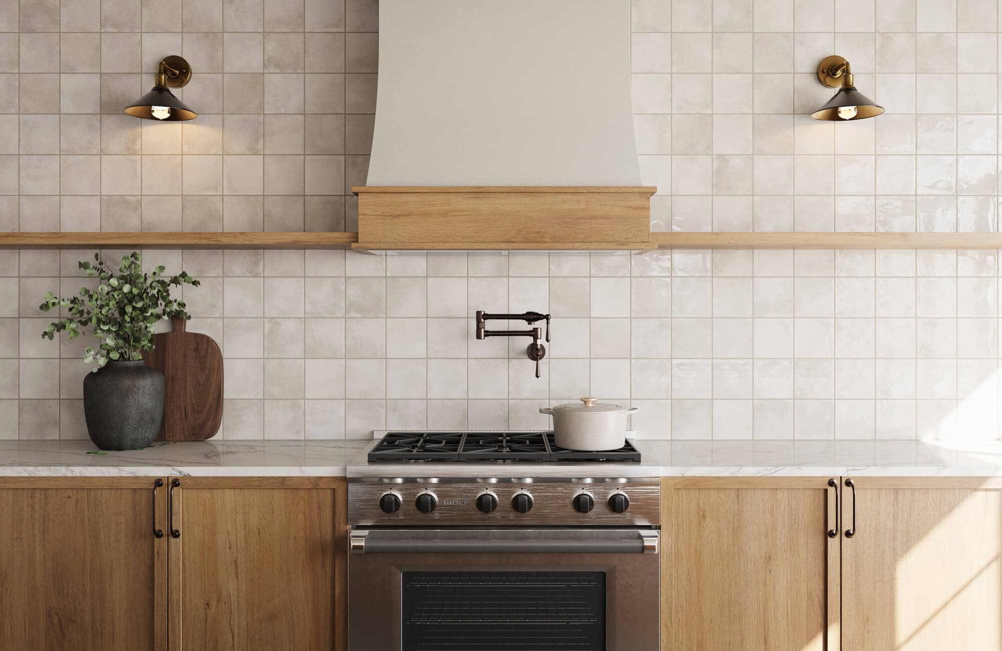 null Neutral kitchen with soft beige zellige-style square tiles providing a subtle handcrafted texture across the backsplash.