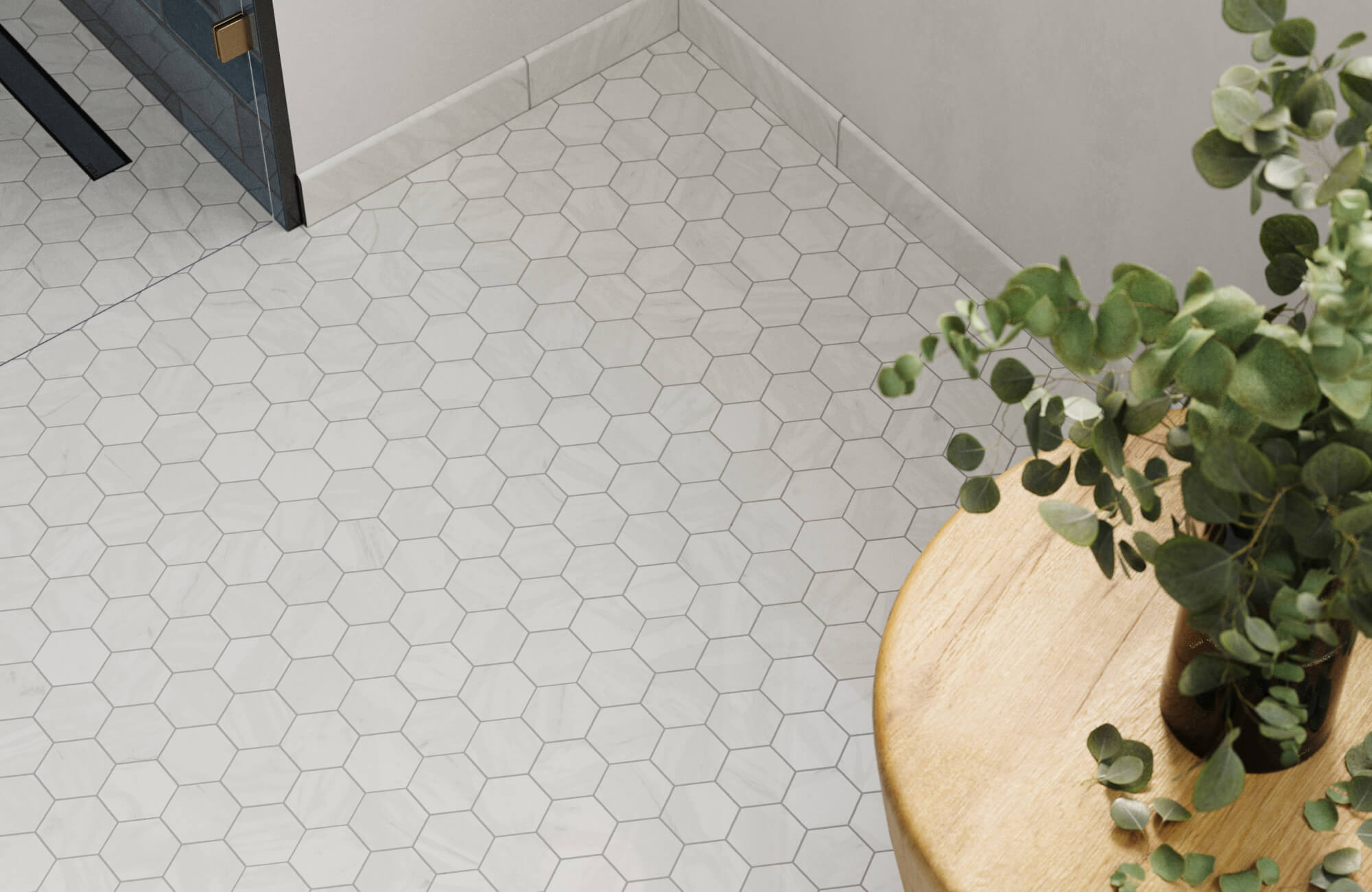 Polished marble-look mosaic hexagon tiles in soft white create a refined, contemporary floor with subtle veining.