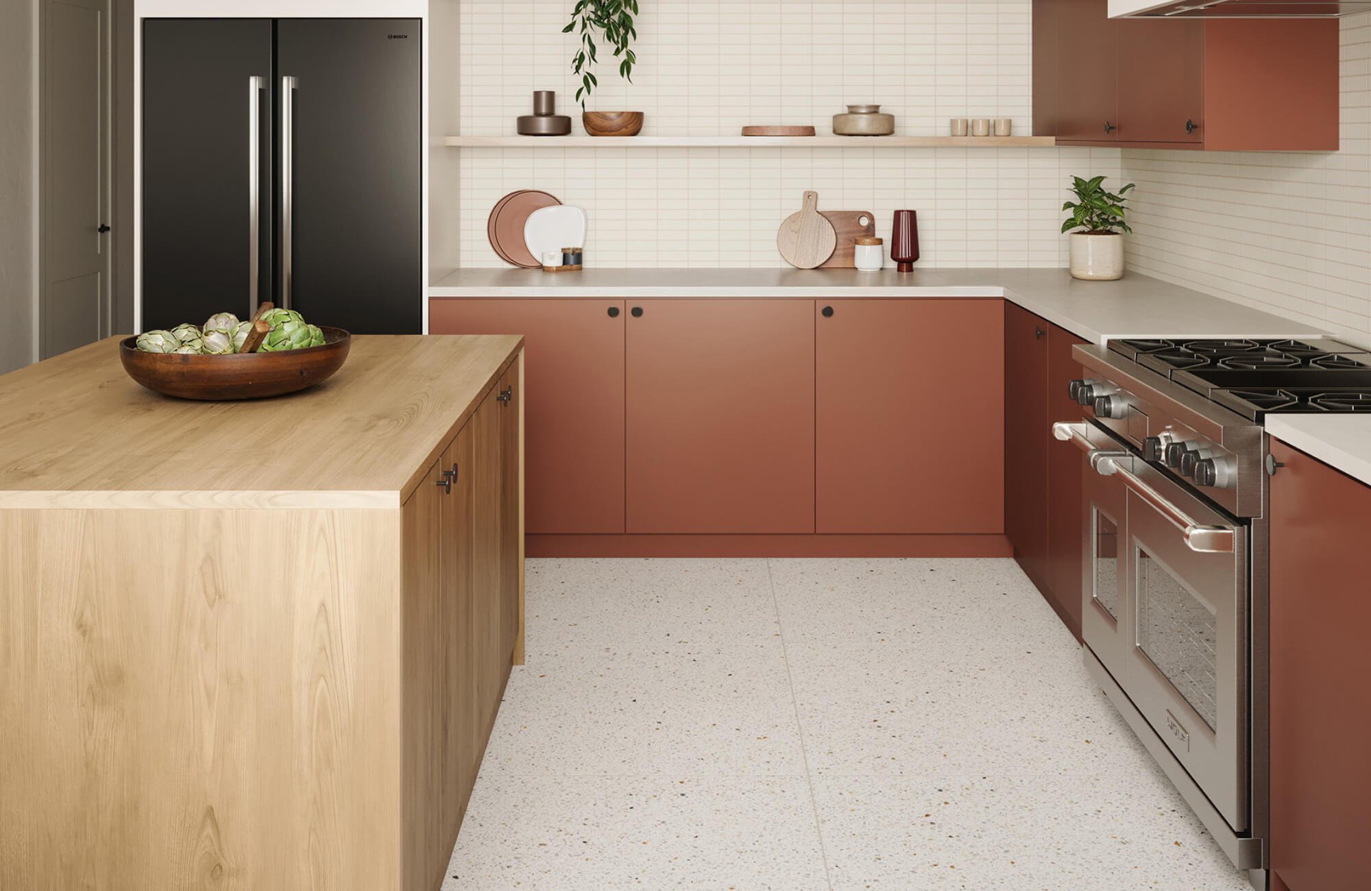 null Contemporary kitchen featuring warm wood cabinetry, muted red accents, and light terrazzo flooring that adds texture and durability to the space.