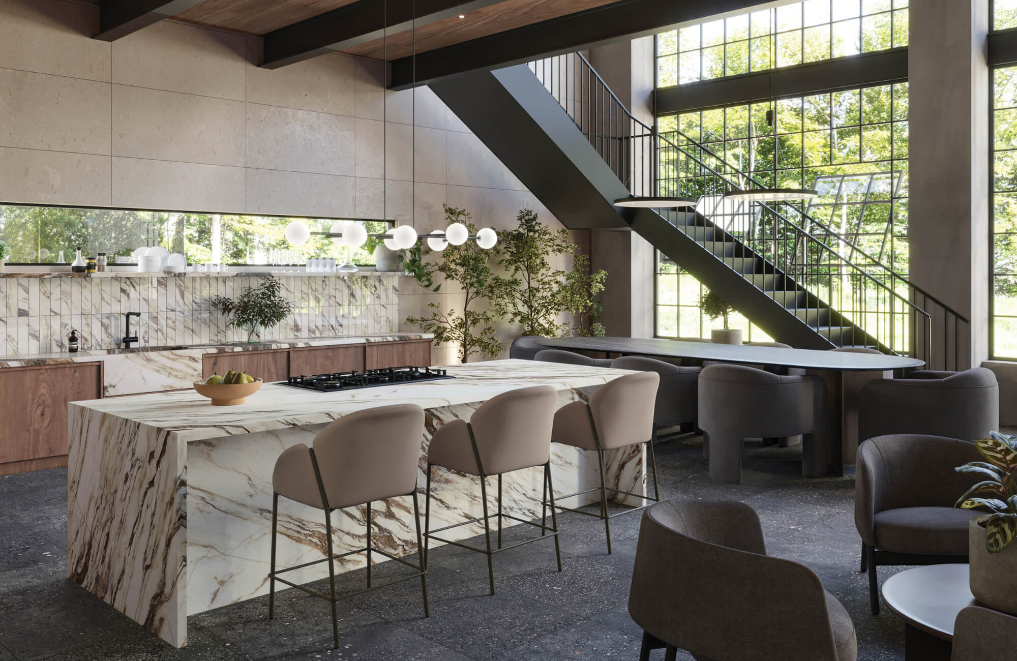 null Open-concept kitchen and dining area showcasing large-format terrazzo flooring that grounds the space with subtle texture and modern elegance.