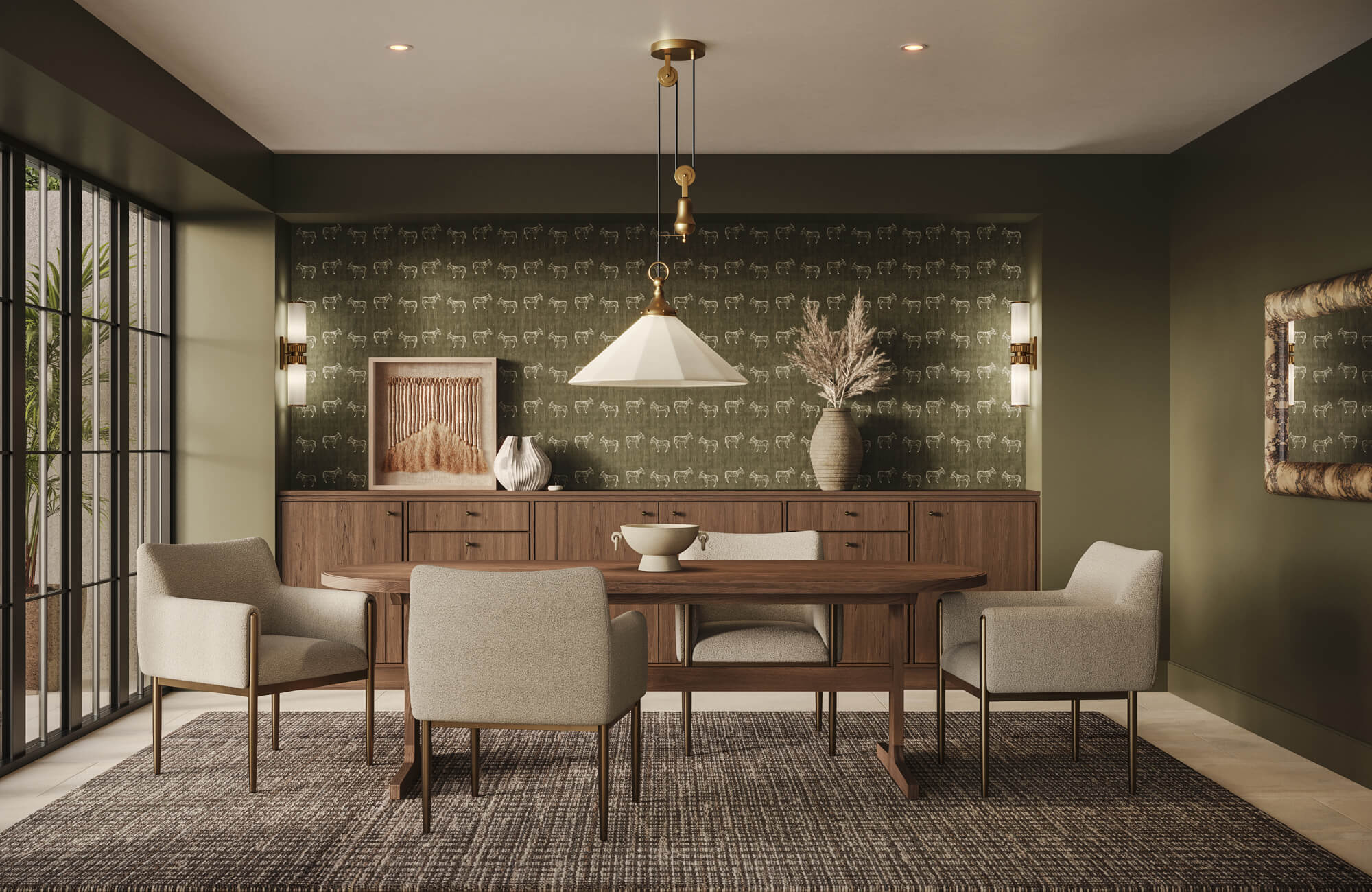 null Dark green wallpaper with a small repeating animal pattern adds character to this modern dining room without overpowering the clean lines.