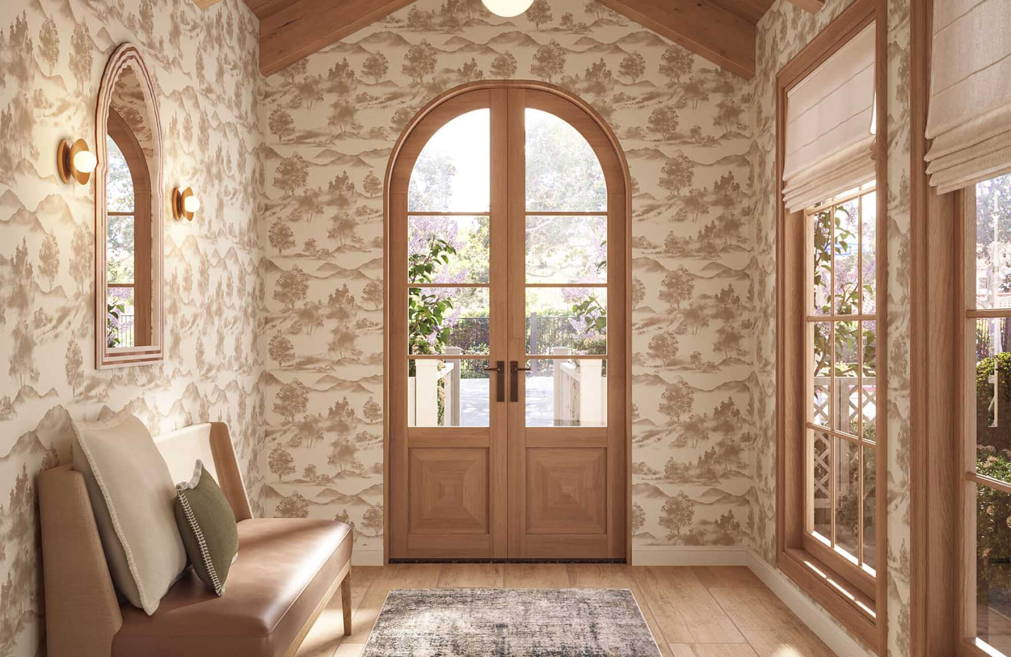 null Beige wallpaper with a scenic landscape pattern brings soft detail to this modern entryway, pairing naturally with warm wood tones.
