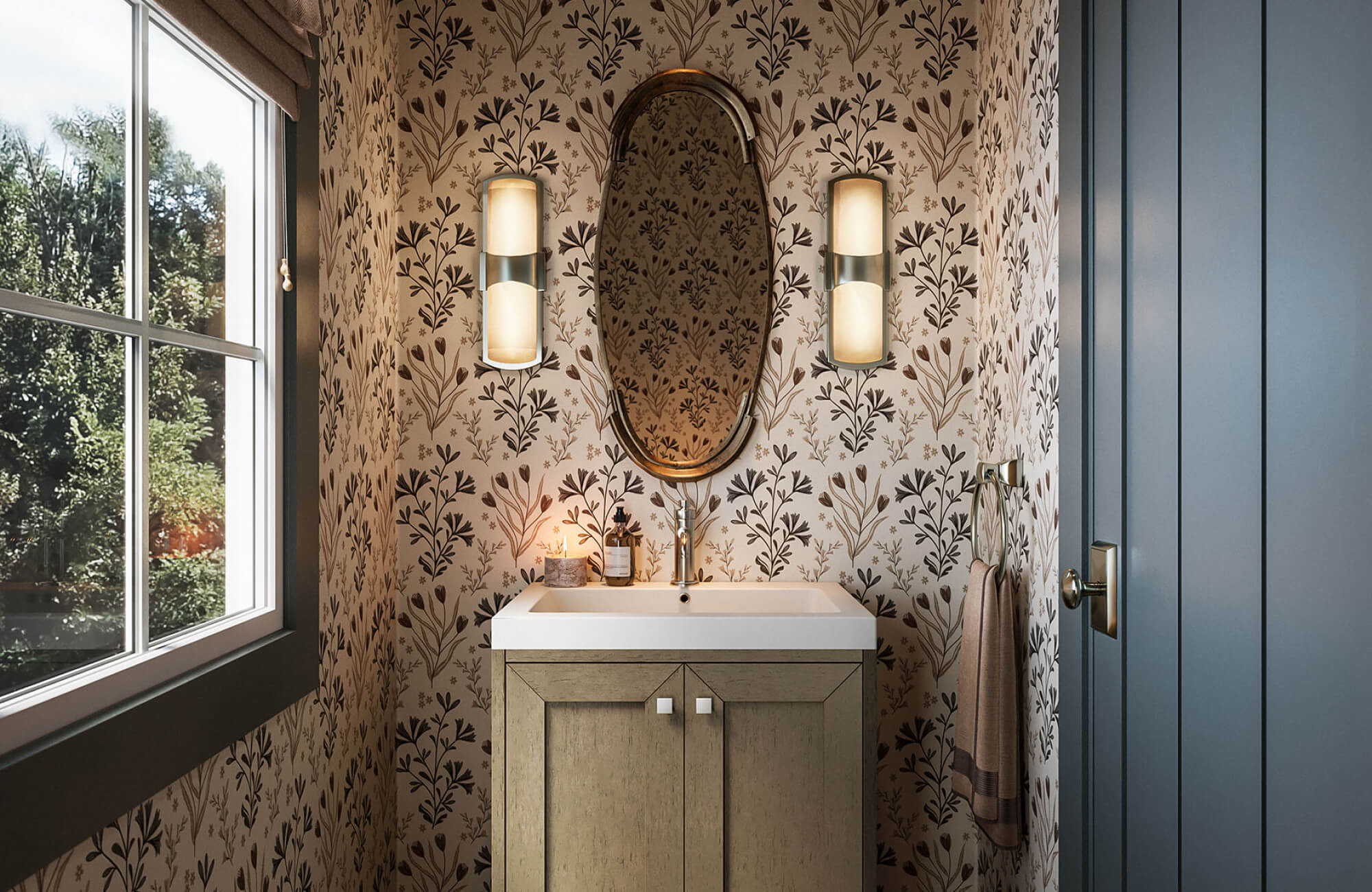 null Neutral wallpaper with a repeating leaf pattern brings texture to a modern bathroom, balanced by clean fixtures and warm lighting.