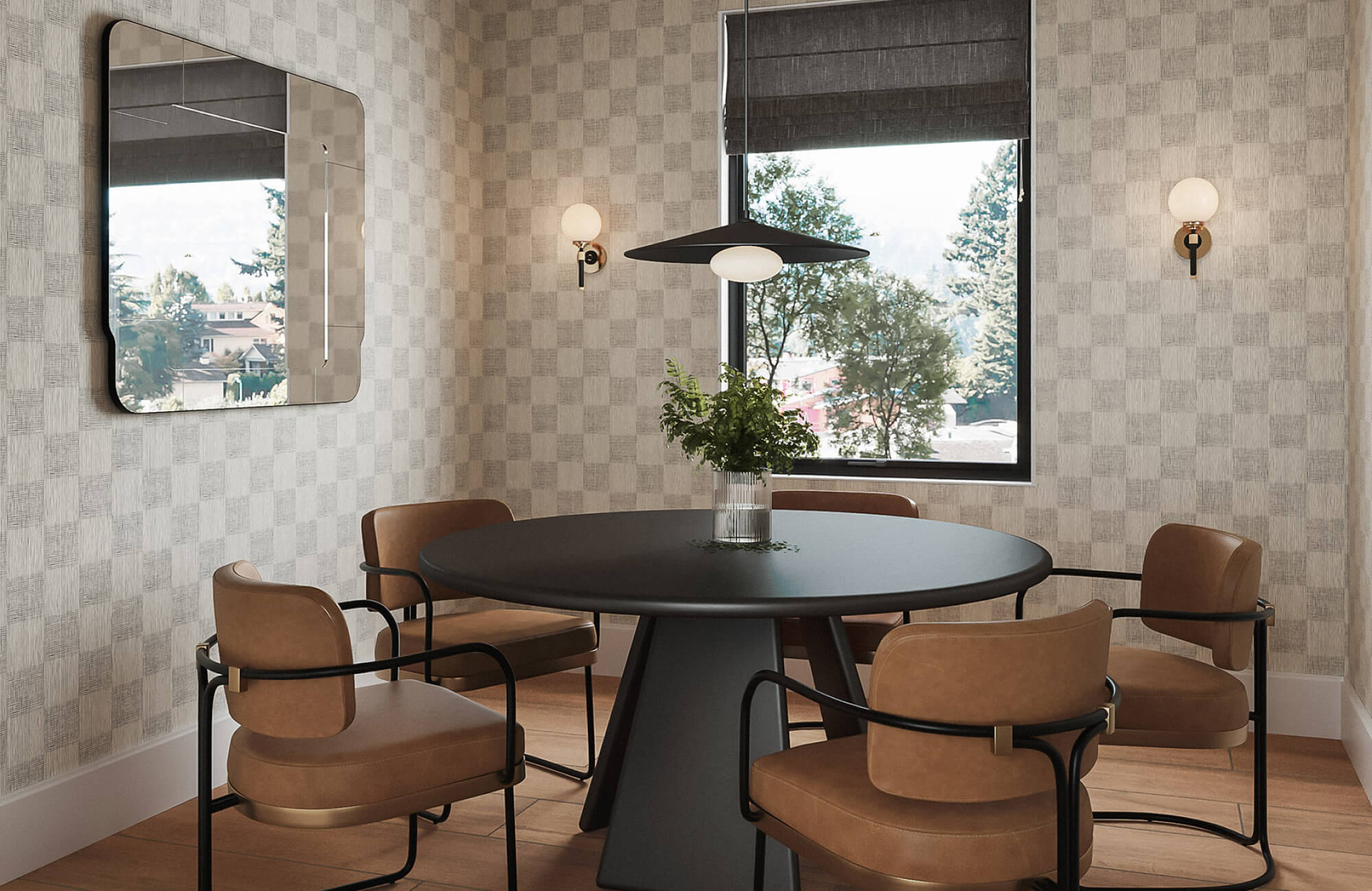 null Light beige wallpaper with a subtle grid pattern adds texture to this modern dining space, complementing the black table and brown chairs.
