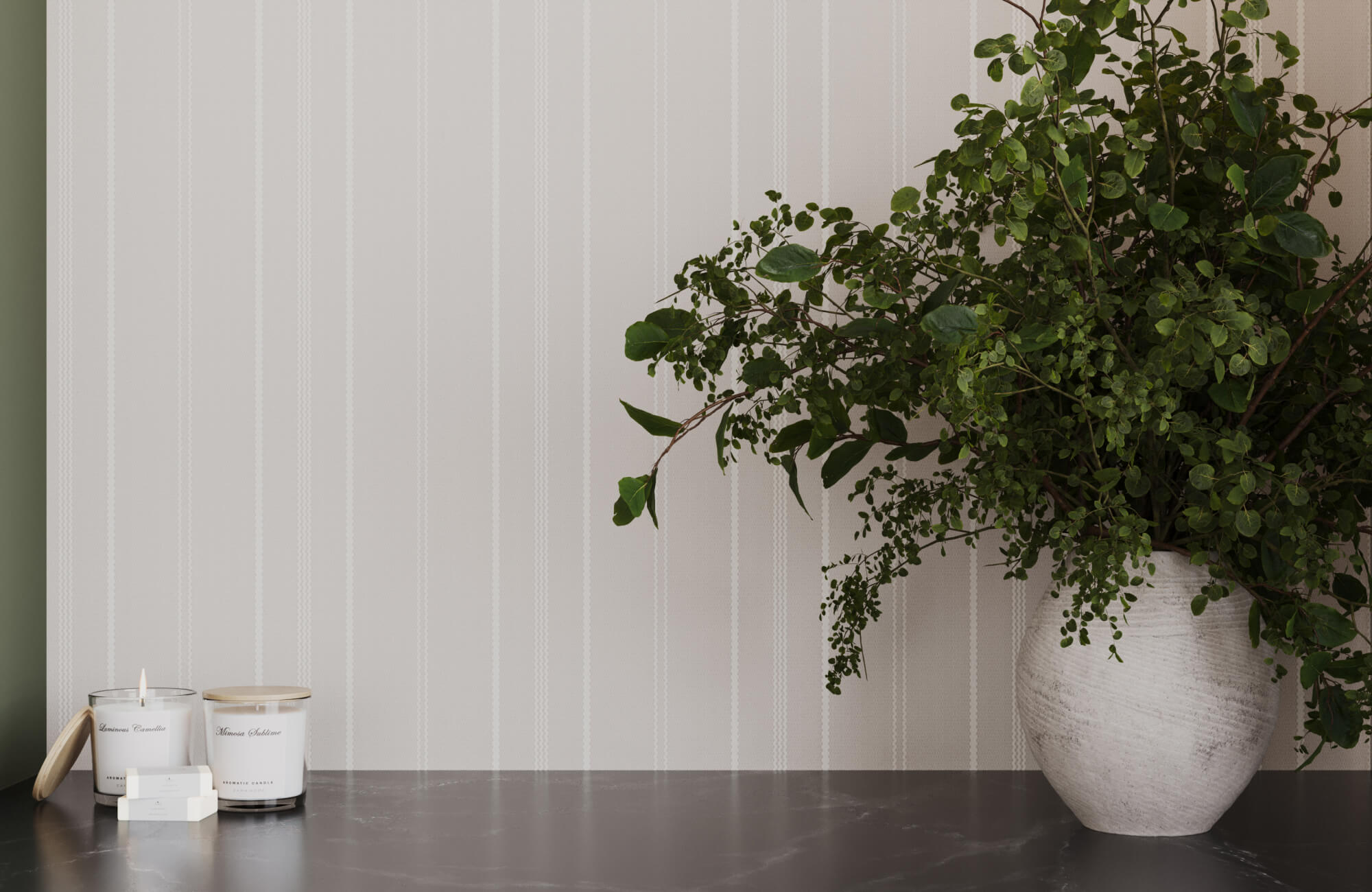 null Light gray striped wallpaper adds subtle texture to this modern interior, paired with a white vase and green foliage for a clean, natural look.
