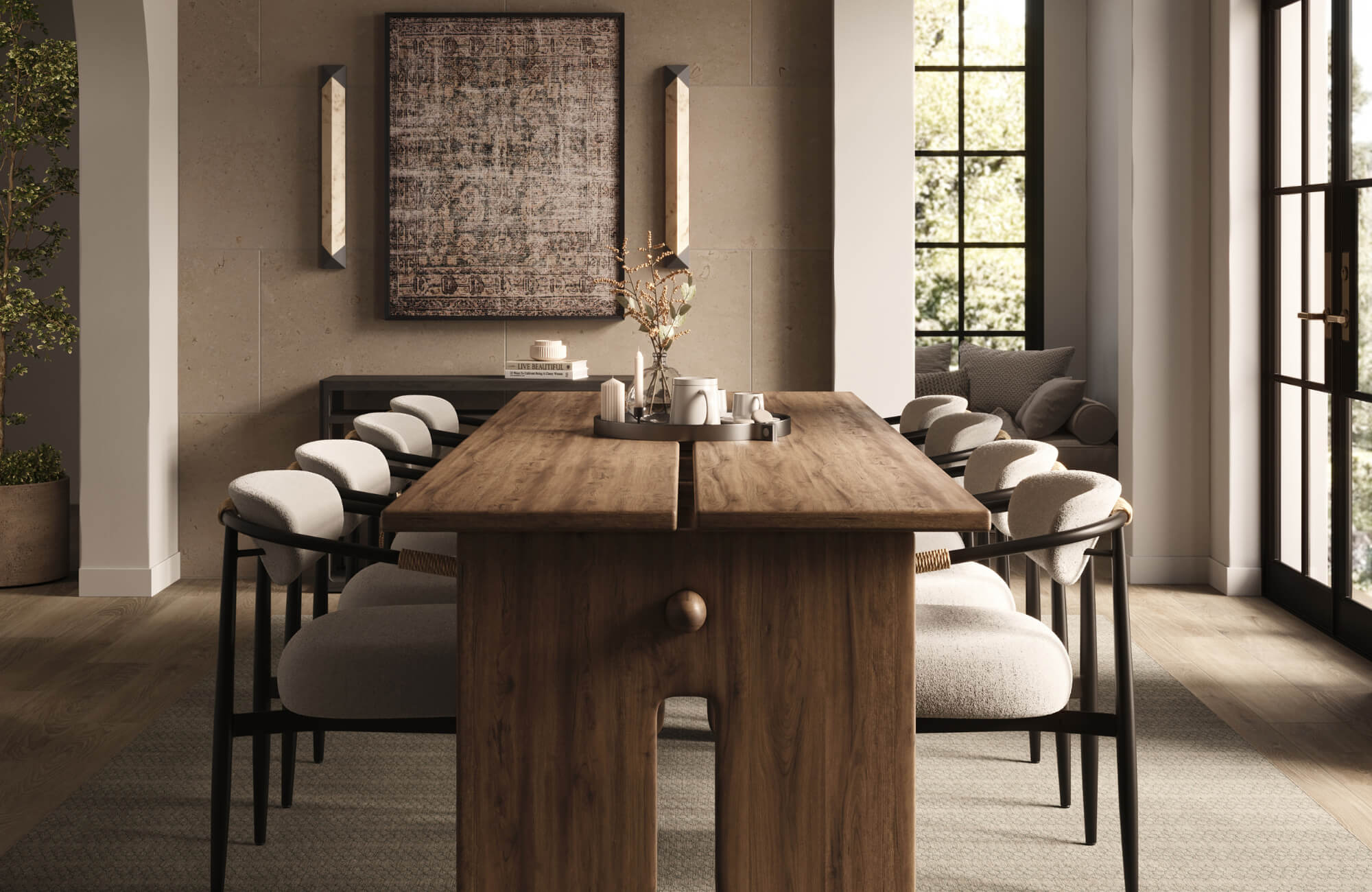 Solid walnut dining table with sculptural pedestal base, surrounded by upholstered chairs in a refined modern dining space.