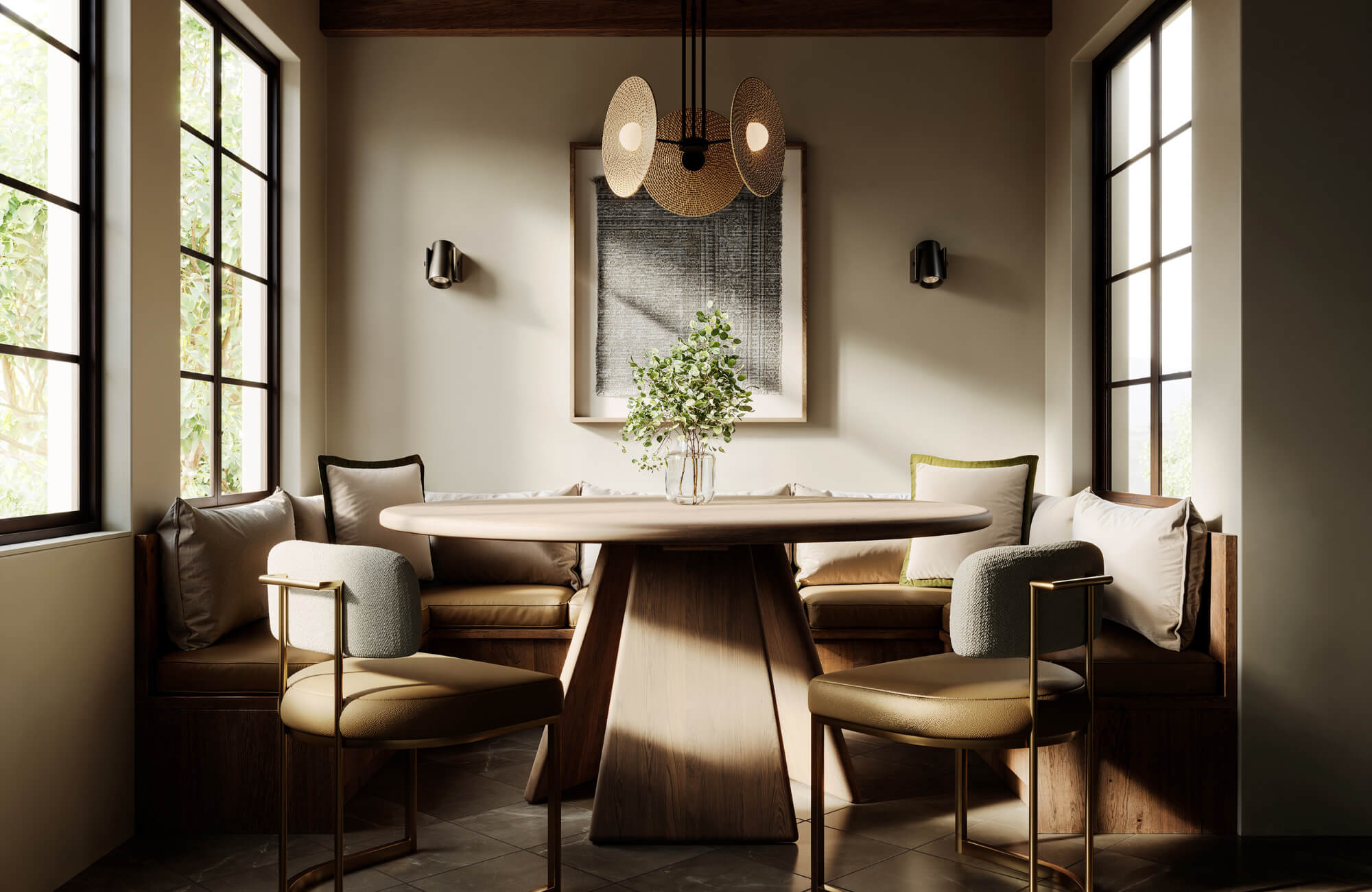 Minimalist oak dining table with angular pedestal base, paired with cushioned seating in a warm Japandi-style dining room.