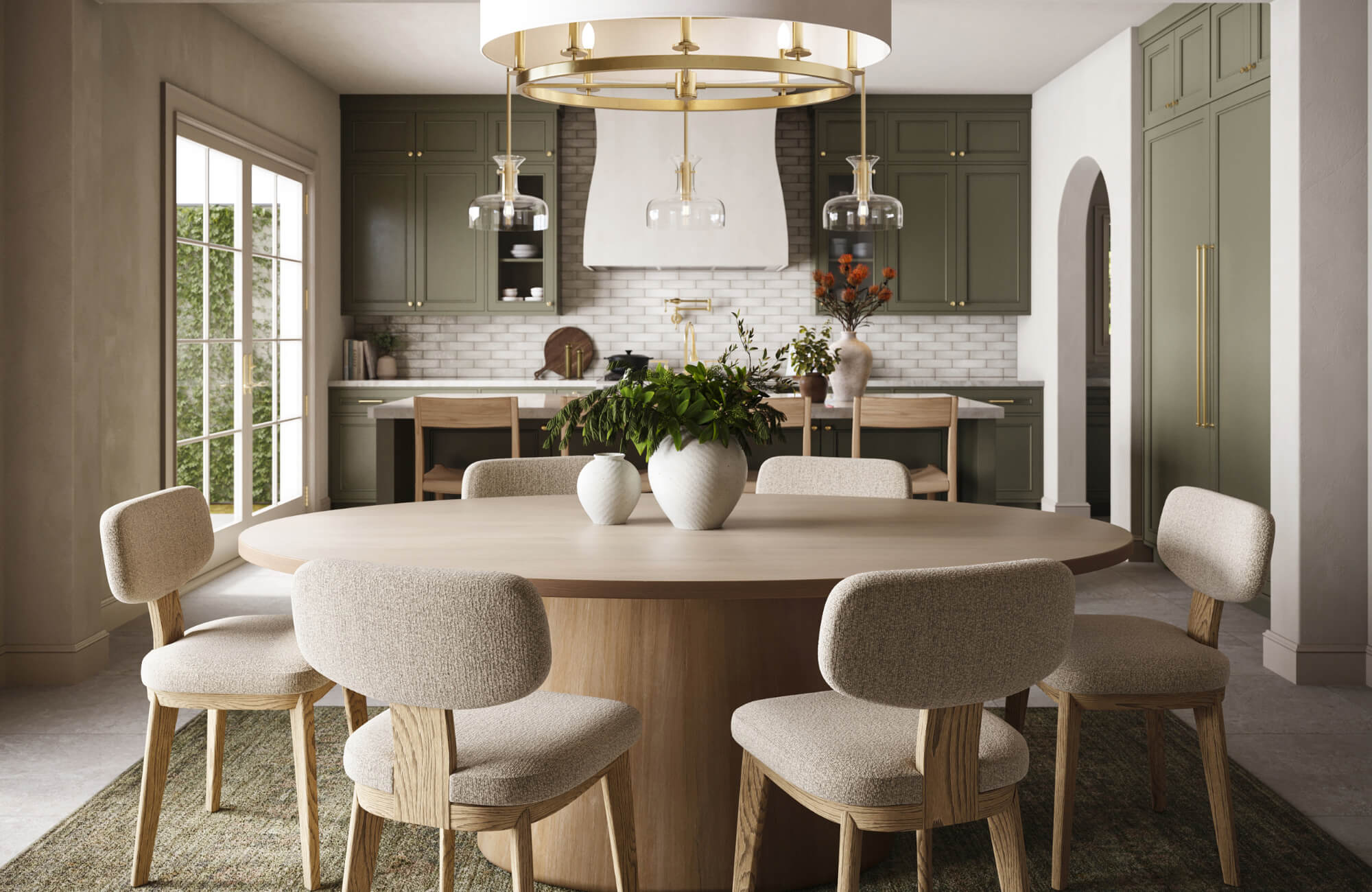Modern light oak dining table centered in an open kitchen, surrounded by upholstered chairs and soft neutral finishes.