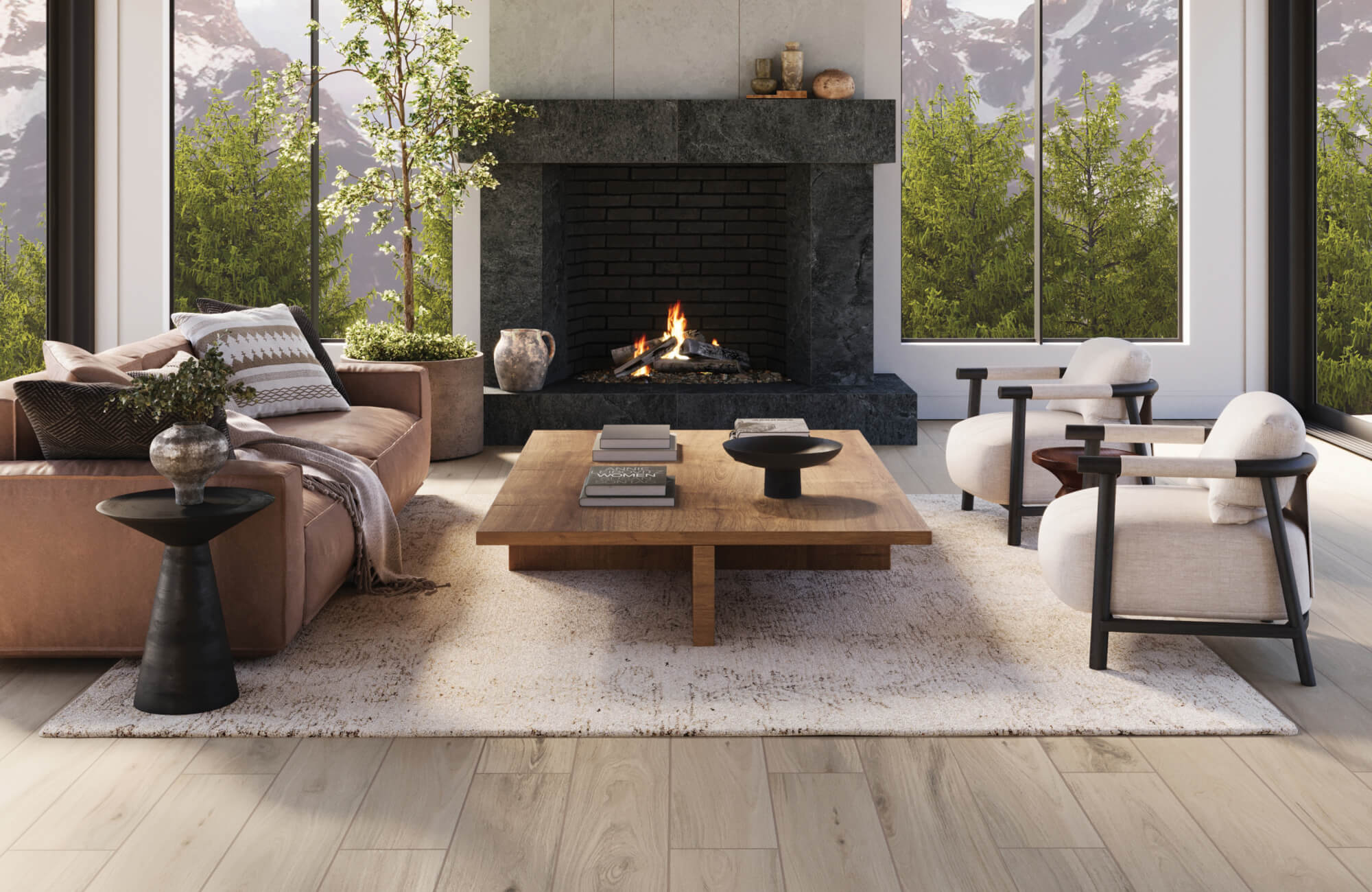 Mountain-view living room with light wood-inspired flooring, a stone fireplace, large windows, neutral seating, and natural wood accents.